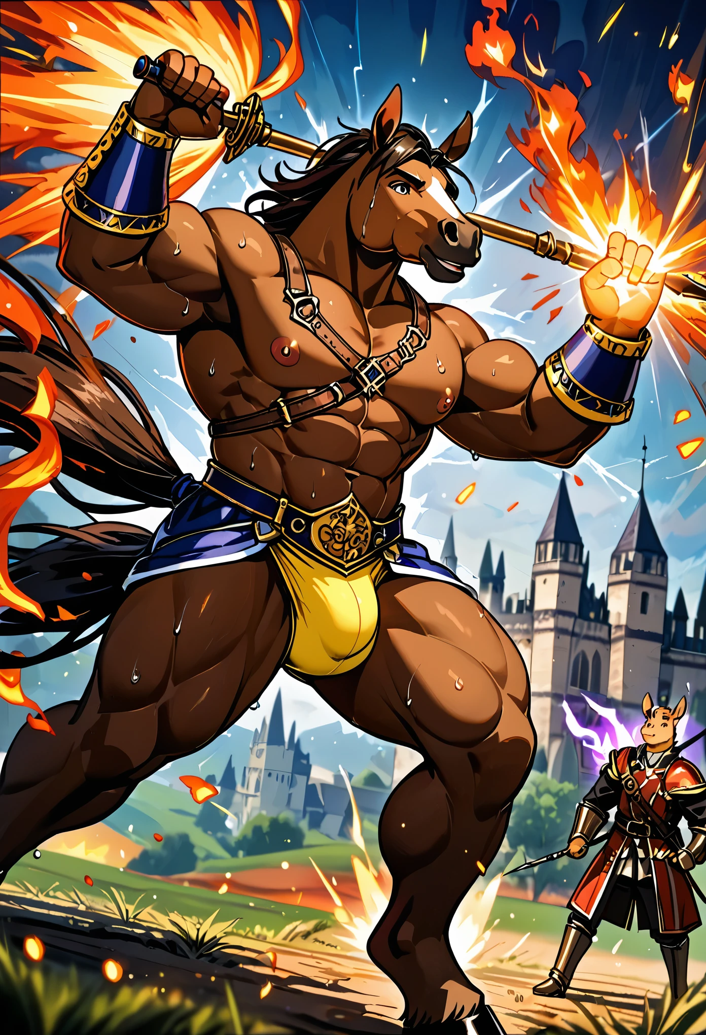 top quality, high-quality illustrations, epic, depth of field, bokeh, 4k, gothic, the beautiful depiction of light seen in Vermeer's works, the intricate portrayal of muscles found in Michelangelo's works, Landscapes inspired by biblical themes depicted by Leonardo da Vinci, masterpiece, dark fantasy, castle, gatekeeper, absurdres, Perfect Anatomy(kemono, anthro, beastman, solo focus, bulge in the crotch)(horse facial features, horse body features)(detailed muscles)full body(Fighting Pose)Armor, Spear, Medieval Warrior, dense sweat, casting lightning, electricity, swirling fire, radiating power, sparks, smoke, magic, dramatic, battlefield, ember, particles,