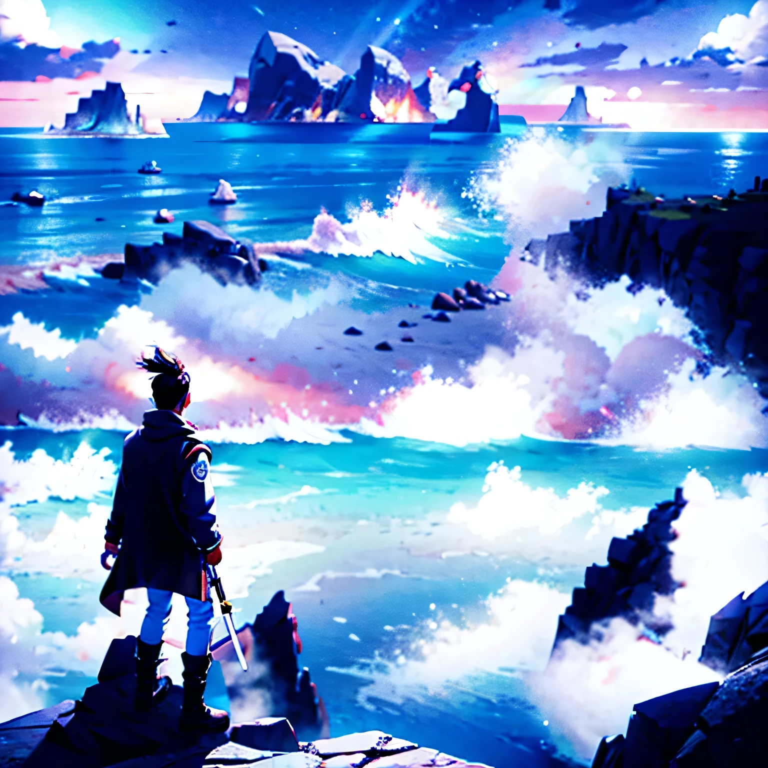 /imagine prompt: personality: [Illustrate a shot of Steve standing alone on a cliff overlooking the vast expanse of the ocean, his gaze steely and determined. The wind whips at his hair, conveying a sense of urgency and purpose as he prepares to embark on his quest for revenge against Russia]unreal engine, hyper real --q 2 --v 5.2 --ar 16:9