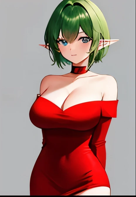 masterpiece,highest quality,Very delicate,8k,Perfect Face,Medium short green hair,Red off-the-shoulder bodycon tube dress , Red long arm covers,Elf Girl,(Big Breasts),blue eyes,red sash