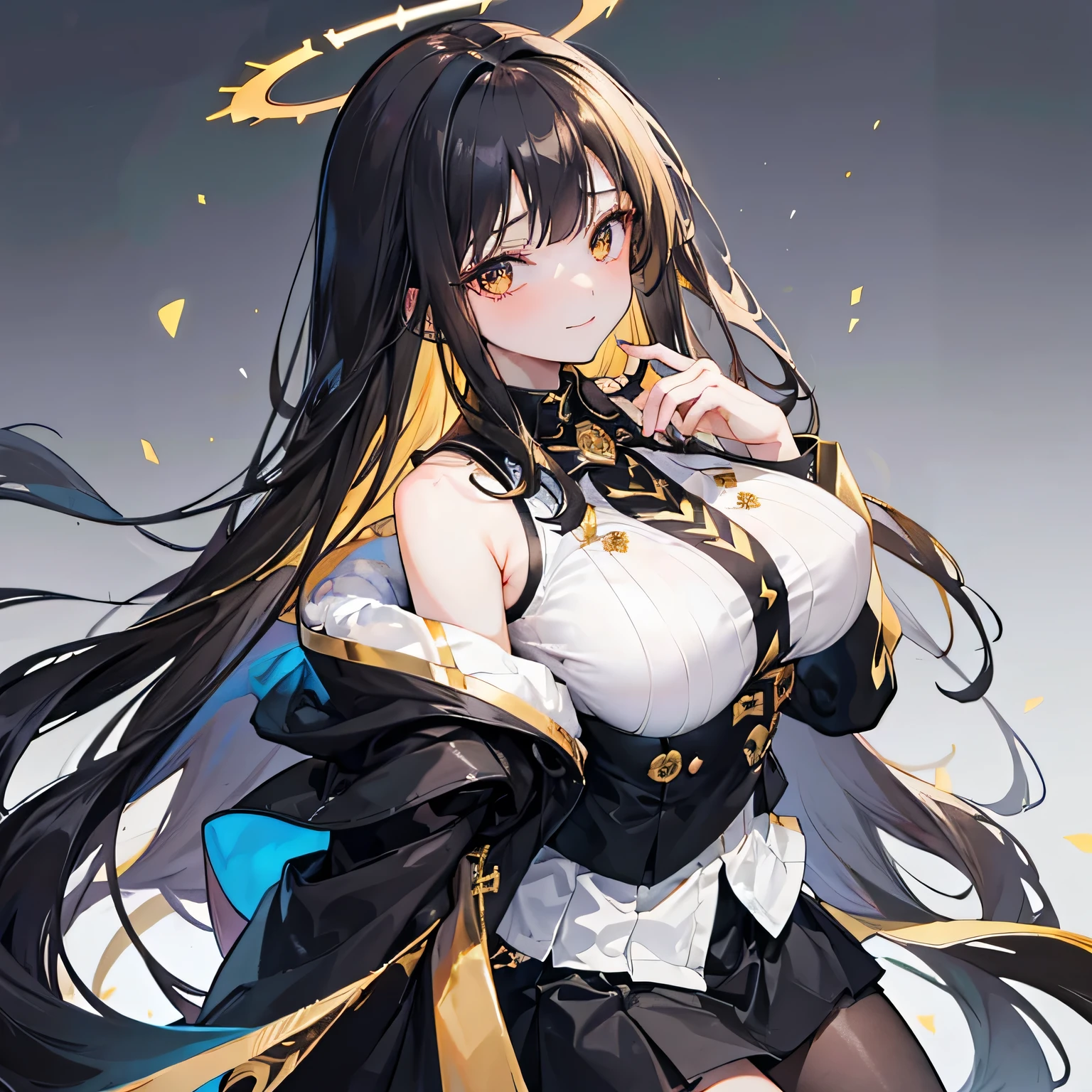 masterpiece, best quality, absurdres, 1girl, solo, long hair, hair intakes, dark hair, deep golden eyes, cocky, smirk, sleeveless white vest, black short skirt with gold lining, and a black, sleeved coat with a gold interior, halo, big breasts, thick thighs