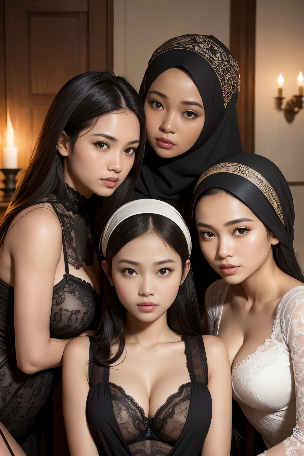 (three girls), church, lingerie, cleavage, hijabi, Absurd, ultra-detailed, high quality, masterpiece, detailed face, beautiful eyes(detailed eyes), dark skinned javanese mythology Goddess, goddess of the hearth and home, gentle and graceful, face exudes warmth and kindness, eyes described as soft and comforting, gentle and steady gaze, overall appearance is simple and modest, The fabric of her garments is usually depicted as soft and earth-toned, beauty lies not in extravagant adornments, Her smile is serene and welcoming