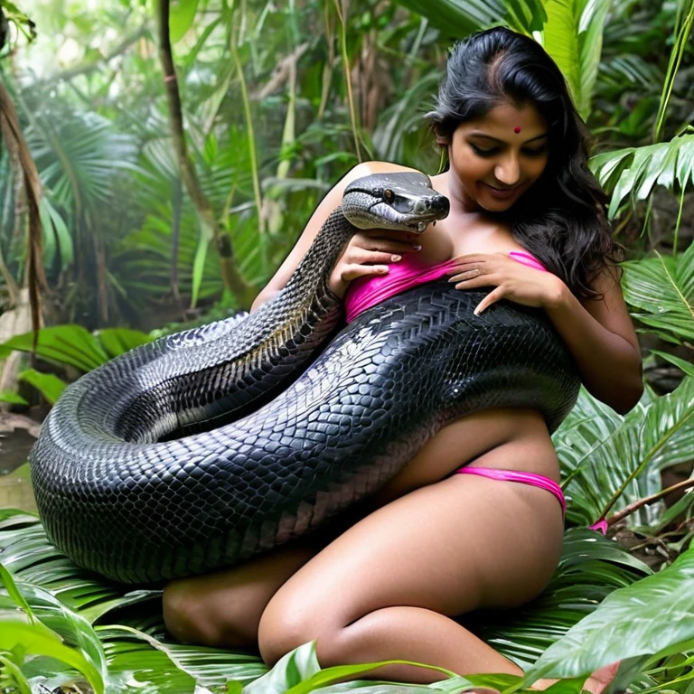  Pregnant Topless  pink thong wearing aroused horny beautiful happy indian  teen girl  vs  Giant black anaconda    monster wrapped around her body squeezing her in coiled embrace cuddling and kissing  sexual erotic bestiality  sex  realistic in the rainforest full body, best quality wet 