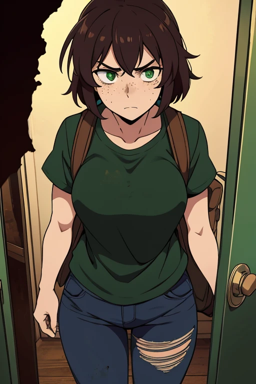 -Anime style- -High quality- -artwork- A beautiful woman, 19 years old, dark and disheveled hair, green eyes, freckles, a scar on her left eye, dirty, dressed in a short T-shirt, short and torn pants, wearing a large worn brown backpack, totally serious, macabre expression, terrifying look, no expression, million-yard stare, coming out of a room full of blood
