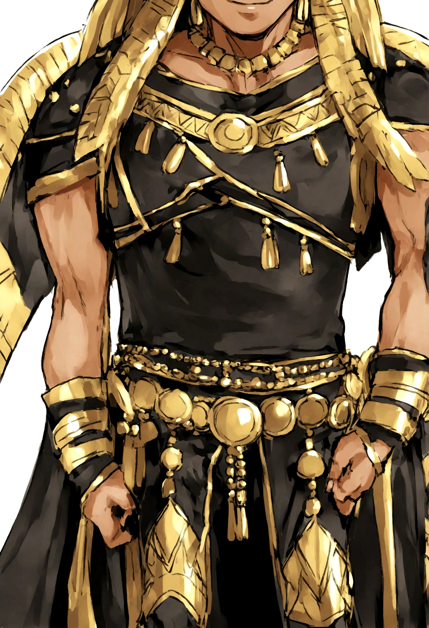 Aztec warrior manga character with rocker appearance typical costumes in black leather and gold and silver accessories high resolution pre-Hispanic appearance, happy and happy arms and legs separated from the body