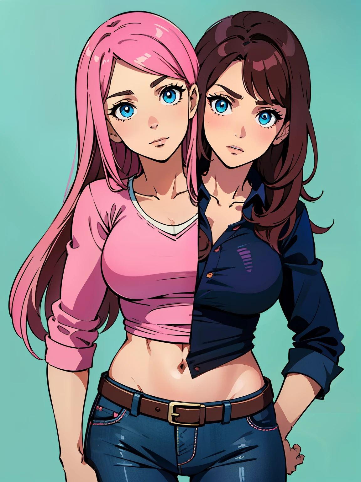 (masterpiece),best quality:1.5, ultra-detailed, high resolution, high quality, 16K, ((2heads:1.5)), ((brown hair)), ((pink hair)), blue eyes, (two headed girl), (different hair colors), long hair, black shirt, blue jean pants, (1girl), conjoined twins, midriff-revealing shirt, sexy silhouette
