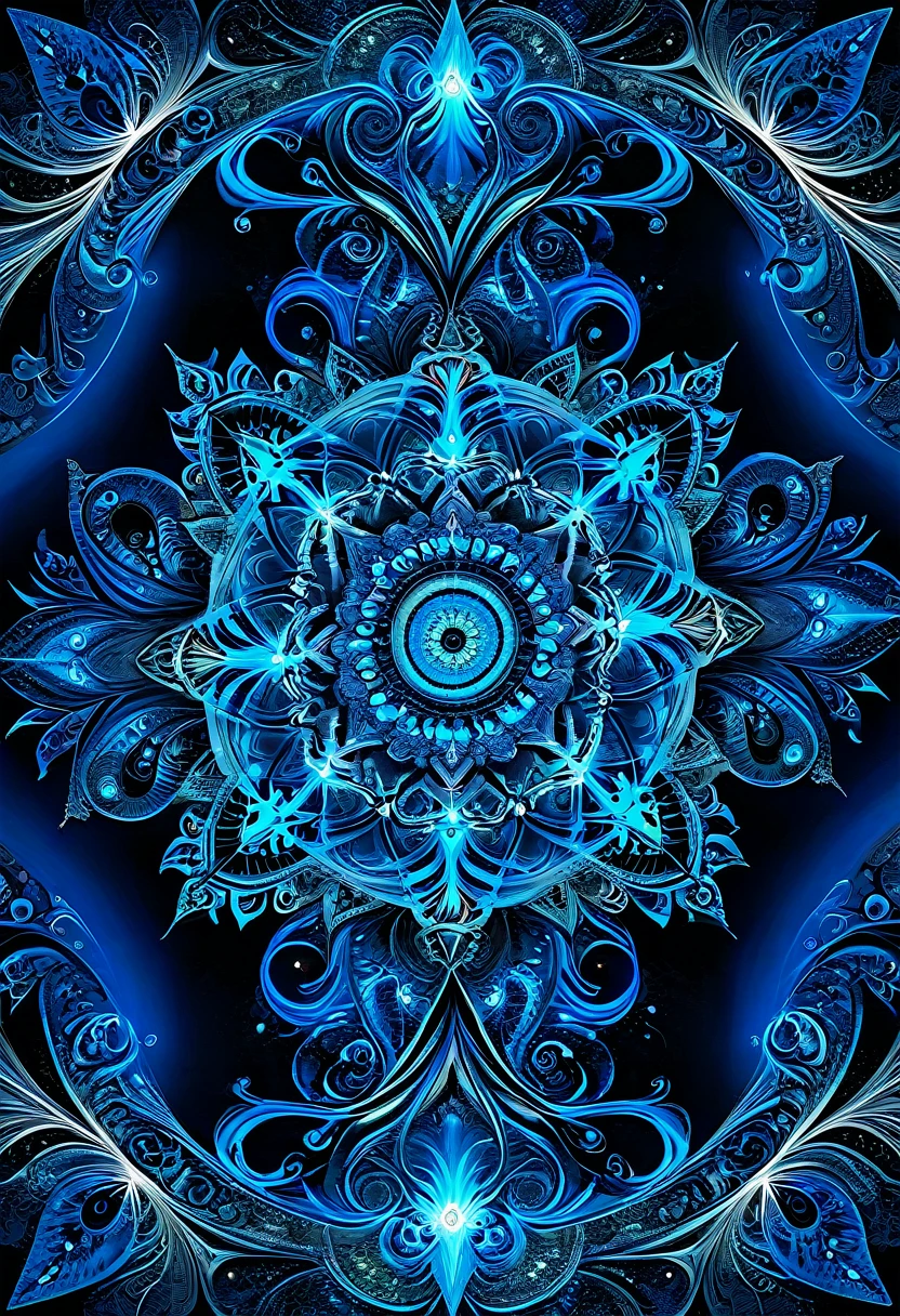 tatouage dans le dos, Very finely executed mathematical fractal tribal tattoo, fine and very precise tattoo, electric blue glow in the dark tattoo, (flocon de Koch, ensemble de Mandelbrot, ensemble de Julia), ((fond uni, hyperRéaliste, masterpiece, romantique, fractal uniquement dans le dos, lightly drawn frame))