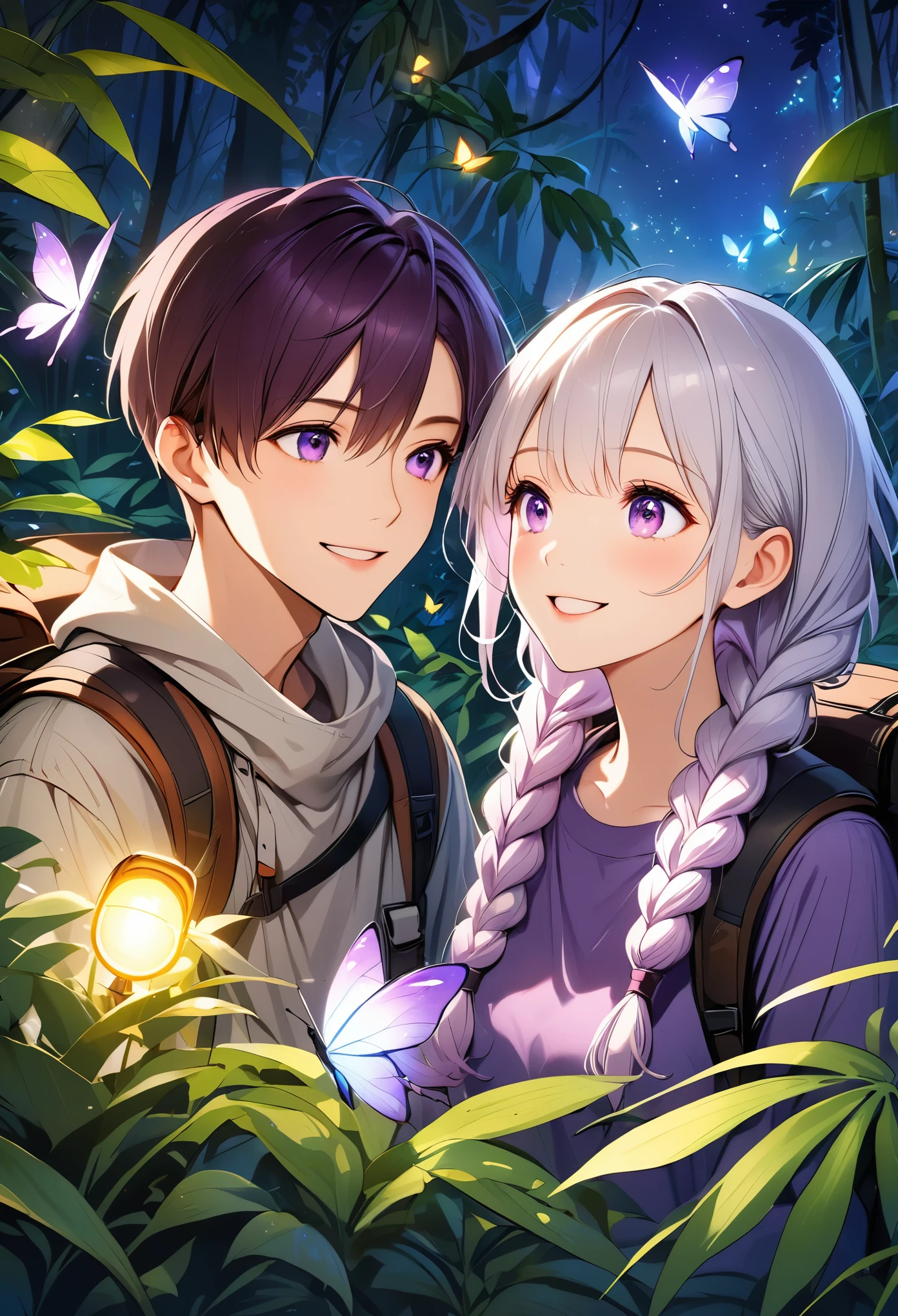 Vector illustration，A young couple，Look at each other affectionately，happy，portrait，Explorer， Backpack，Detection，Purple Eyes，girl，Purple Eyes，White hair-purple-long braids。 jungle，vegetation，lush，Photograph，night，firefly，Glowing Butterfly