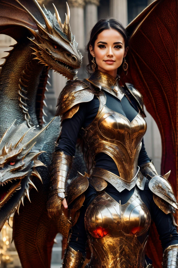 best quality, 8k, highly detailed face and skin texture, high resolution, sexy woman in armor stand with dragon in front of the palace, full body, sharp focus