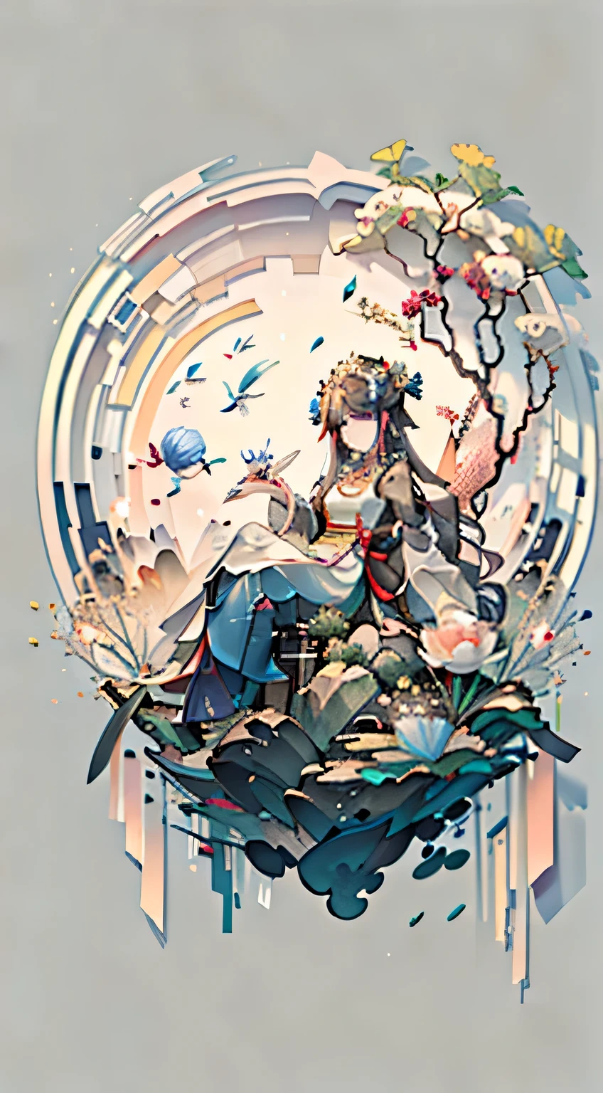 An ancient Chinese beauty sitting on a stone, wearing ancient Chinese clothing, flowing tulle, light silk, lazy posture, large lotus leaf, lotus, ink painting style, clean color, decisive cutting, blank, freehand, masterpiece, super detailed, epic composition, high quality, the highest quality, 4k