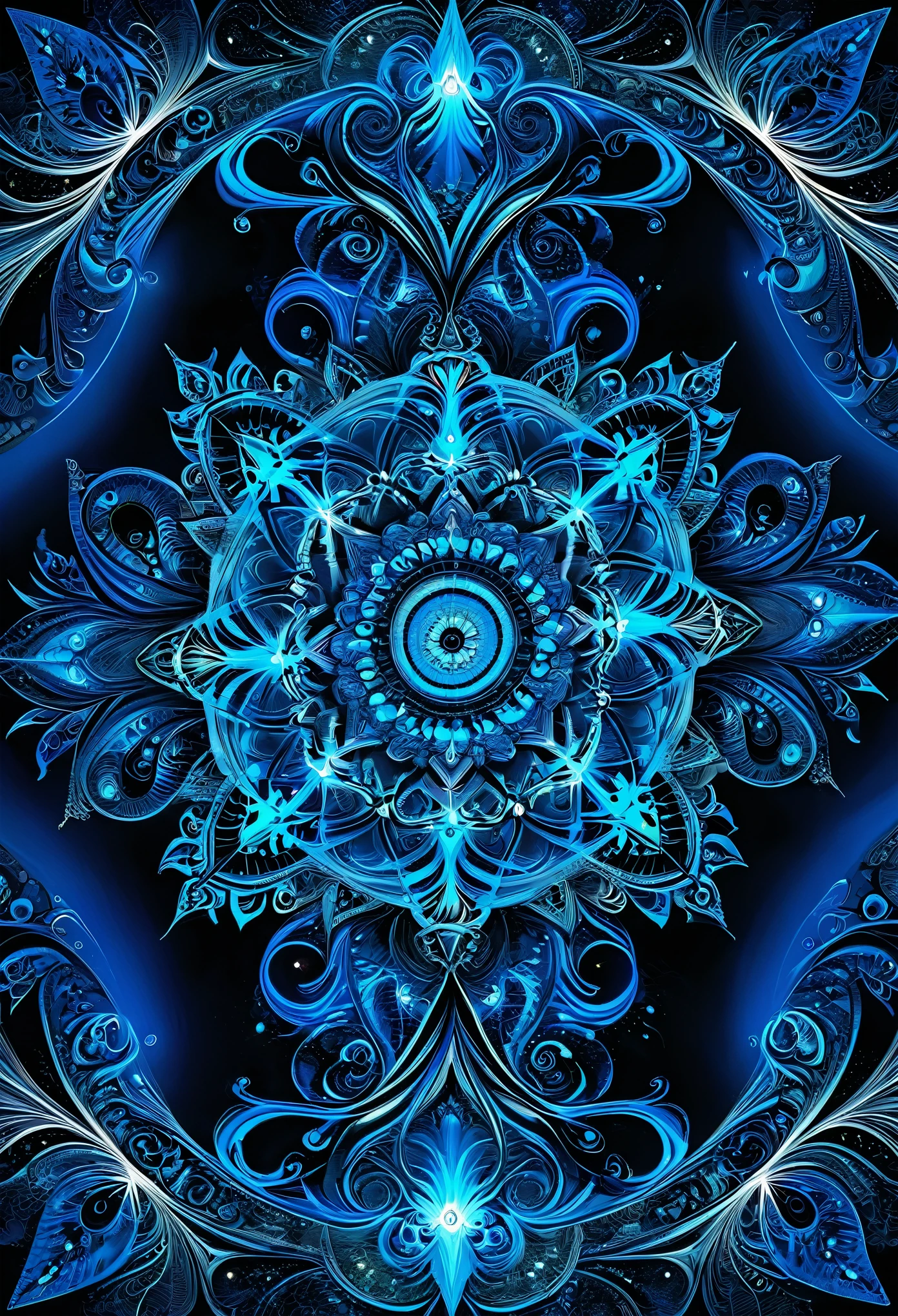 tatouage dans le dos, Very finely executed mathematical fractal tribal tattoo, fine and very precise tattoo, electric blue glow in the dark tattoo, (flocon de Koch, ensemble de Mandelbrot, ensemble de Julia), ((fond uni, hyperRéaliste, masterpiece, romantique, fractal uniquement dans le dos, lightly drawn frame))
