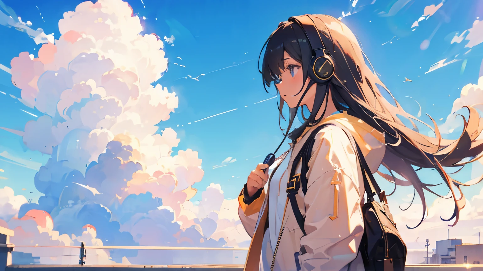 Cool girl, Headphone Long Hair Sunny Sky listening music high resolution fores