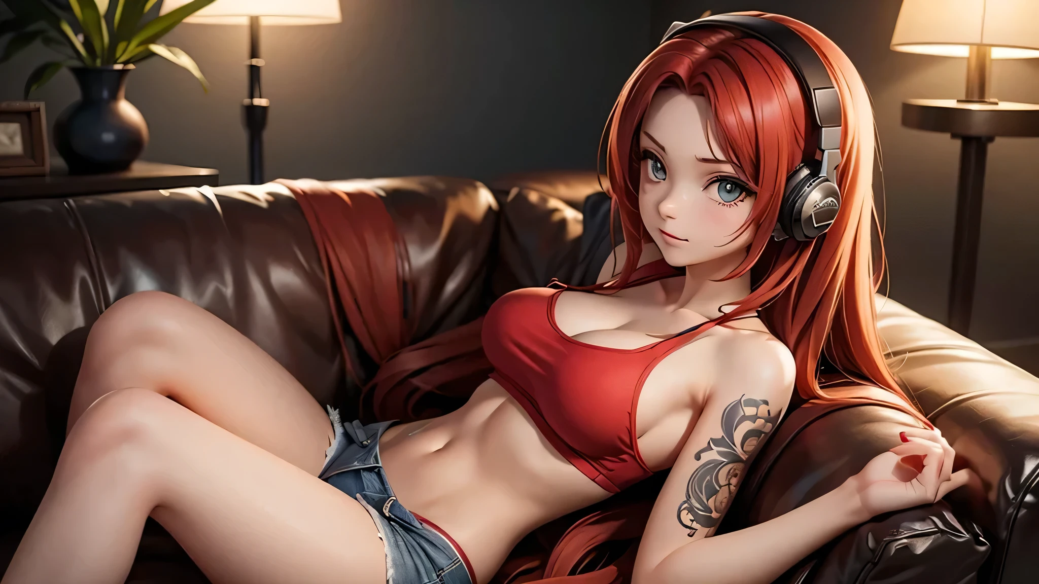 Create an image of a beautiful, erotic anime girl with long red hair and tattoos, showing her stomach while relaxing in a cozy lounge. She is wearing a tank top and shorts, with headphones on, enjoying her music while lounging on the couch. The scene is set in a warm, dimly lit lounge with plush seating and personal items scattered around, creating a sense of intimacy and relaxation. The ambiance should be inviting and cozy, with soft lighting enhancing the serene atmosphere