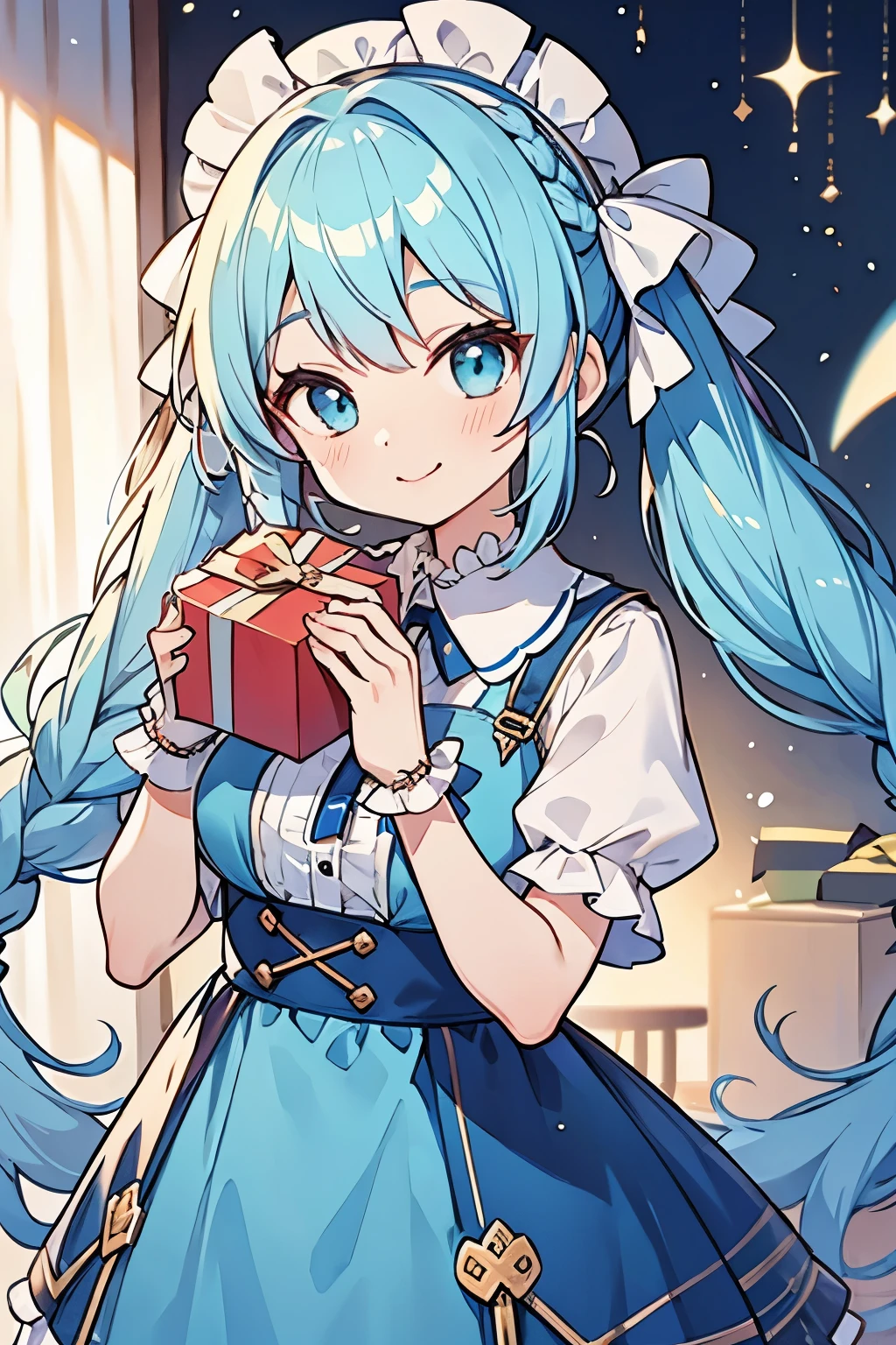 Holding a large cubic gift box in both hands,woman,smile,Light blue hair,Twin tails,Braid