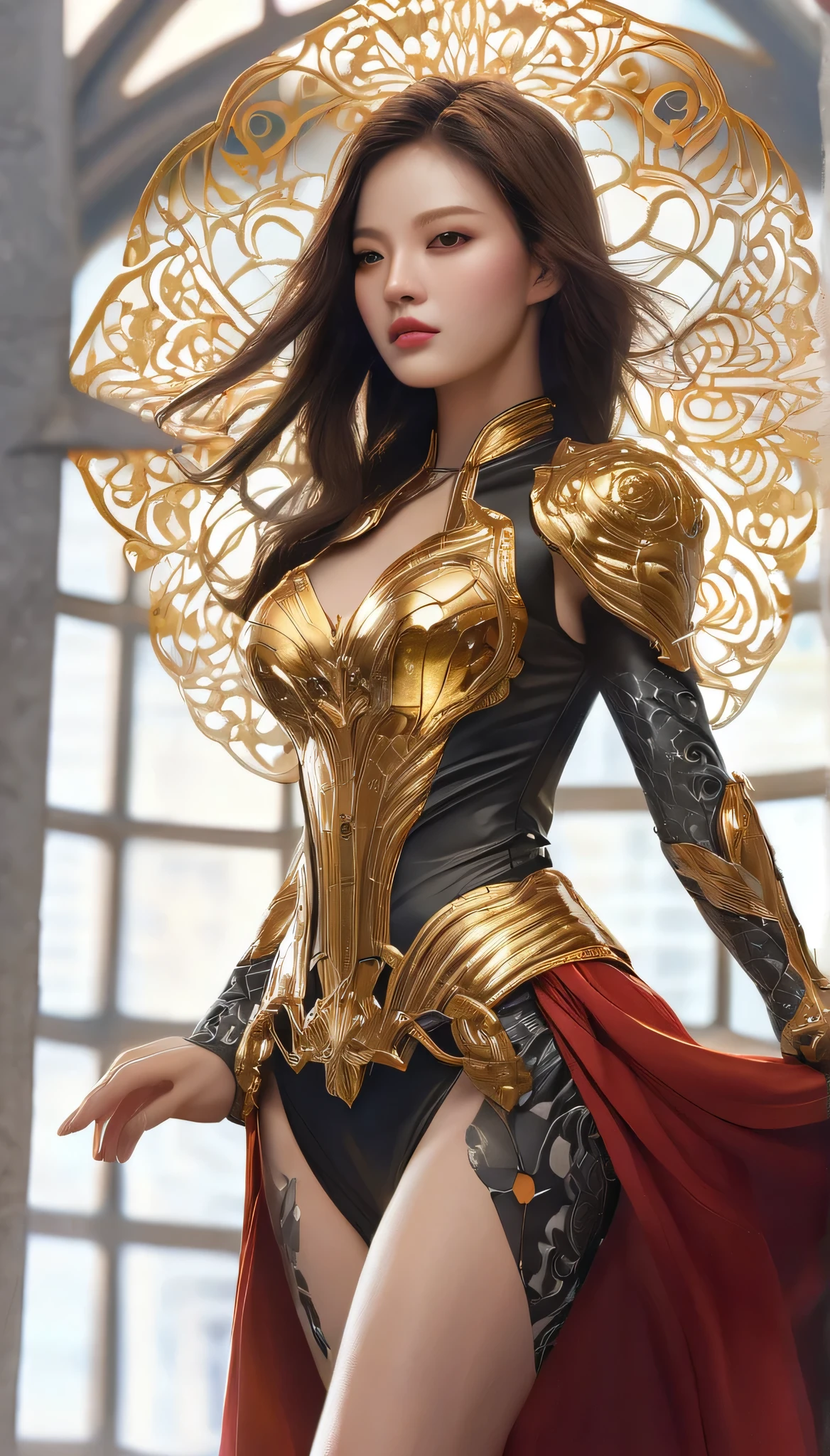 full body shot beautiful cyborg with brown hair, intricate, elegant, highly detailed, majestic, digital photography, art by artgerm and ruan jia and greg rutkowski surreal painting gold butterfly filigree, broken gsterpiece, sidelighting, finely detailed beautiful nightmare:1.2), hdr, god rays, ray tracing, Realism, best quality, 16k, highres, textured skin, super detail, cowboy shot