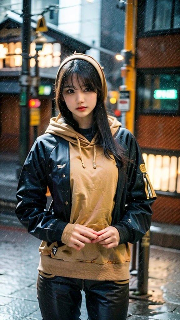 beautiful hijab woman wear mask (brunette),,wearing hoodie and tight pants,background of city in the rain detailed,outdorr lighting,extra detailed,ultra hd,realistic