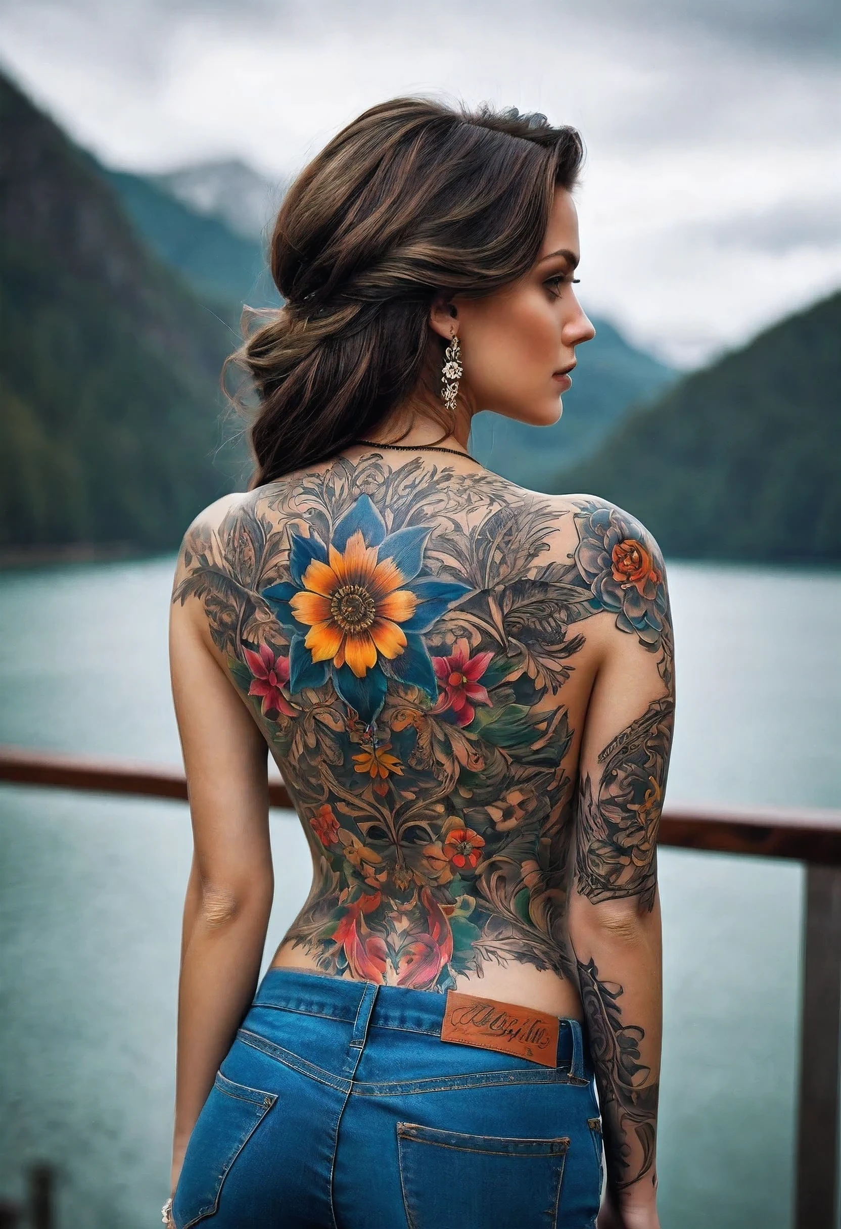 masterpiece, best quality, ultra-detailed, highres, detailed, a woman, Back Tattoo, colorful tattoo, 