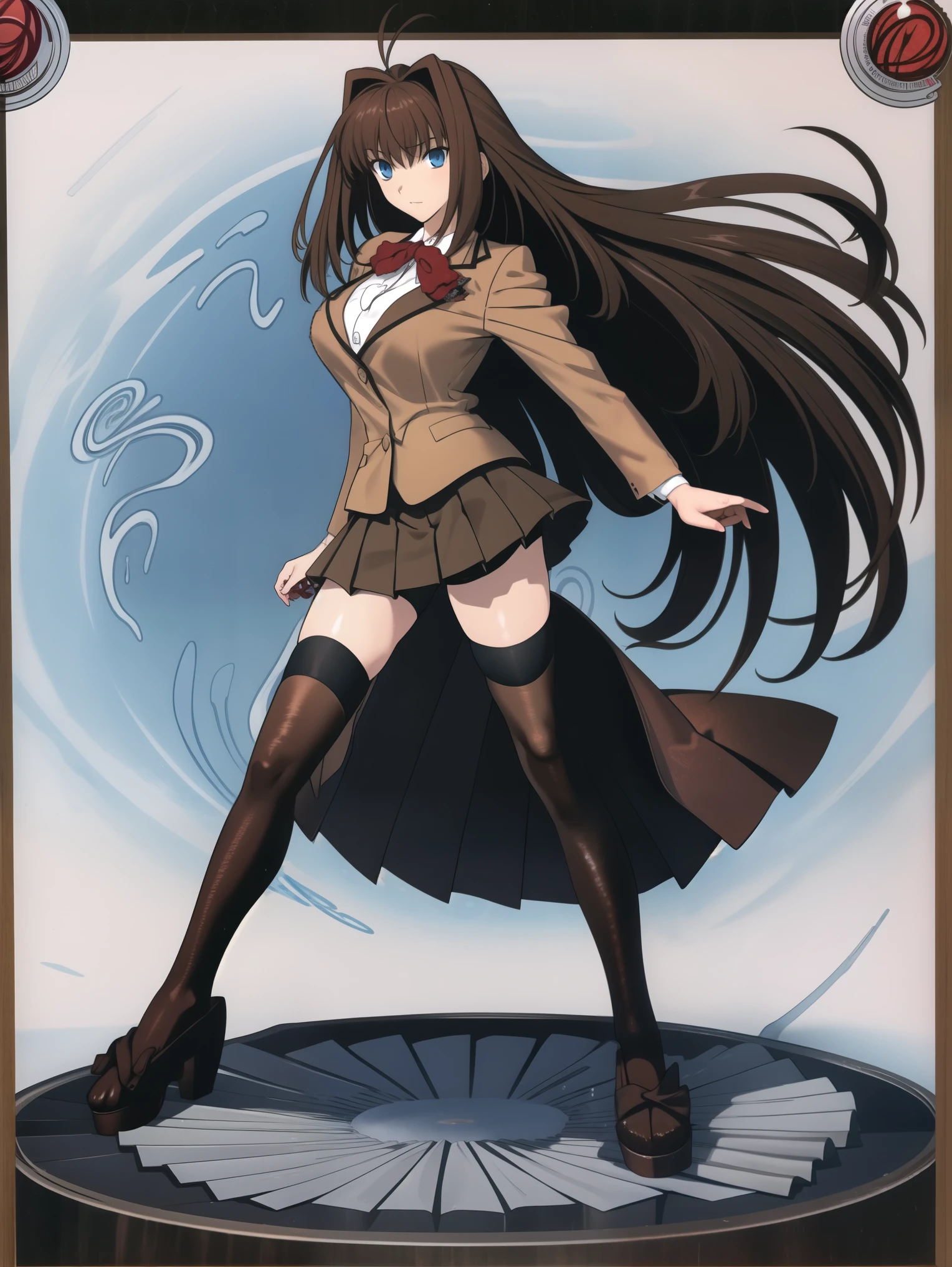 BREAK, centered. BREAK, (EMPTY BACKGROUND), BREAK (masterpiece:1), best quality, high resolution, 8k, illustration, (beautiful detailed eyes:1.5), extremely detailed face, extremely detailed body, CG, perfect hands, perfect anatomy, (((1girl))), ((solo)), ((bbaoko)), ((2 legs max)), ((2 feet max:1.6)), ((swirling vortex shaped longest brown hair:1.5)), (brown longest hair with slightly reddish undertone:1.6), (lush luscious longest brown hair:1.6), (very long voluminous longest brown hair:1.5), serious, blue eyes, red bowtie, (Form-fitting beige blazer:1.5), brown jacket, (highly detailed beautiful face:1.2), (white shirt:1), (well shaped large breasts:1.6), (nice hips:1), (((Umber pleated thigh-high skirt:1.6))), (((black bike shorts:1.4))), (toned thighs:1.6), (jetblack thighhighs:1.6), (strap shoes brown color), (facing front:1.5), ((standing straight:1.5)), ((Fullbody in frame:1.6)), ((Full body:1.5)), ((takeuchi takashi:1.3))