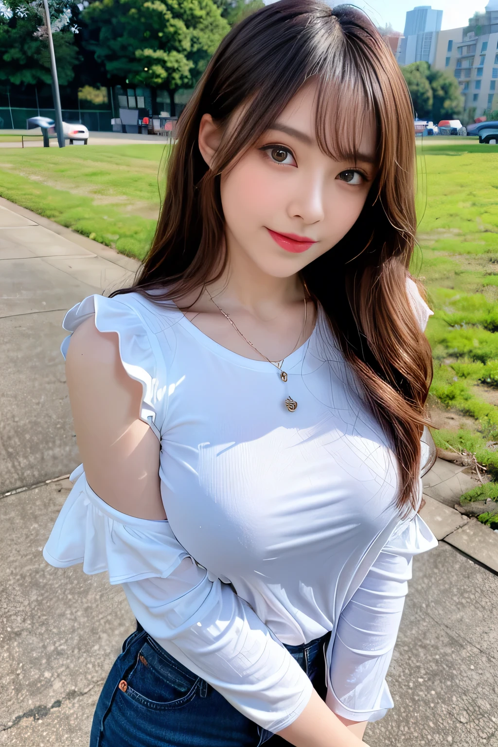 ((Full Body Angle))、((Front hair:1.3))、((highest quality, 8K, masterpiece: 1.3)), concentrated: 1.2, Cute girl 1,Nipples erect、 Perfect beauty: 1.4,Cut and sewn T-shirt Raglan sleeve summer short sleeve T-shirt.Shorts: 1.2,Long sleeve、Randall Color、comics＆Text Graphics、Black ruffle-trimmed drawstring zip blouse,1.1, Highly detailed face and skin textures, Fine grain, double eyelid, whitening skin, ,highest quality,Ultra-high resolution,you,1 girl,alone,_Shiny_skin,Iris,necklace,((Brown_length_Wavy_hair)),(lips)),eyelash,Front hair,deal with,compensate,Shiny,pore,skin texture,Large Breasts、smiling face、stroll、