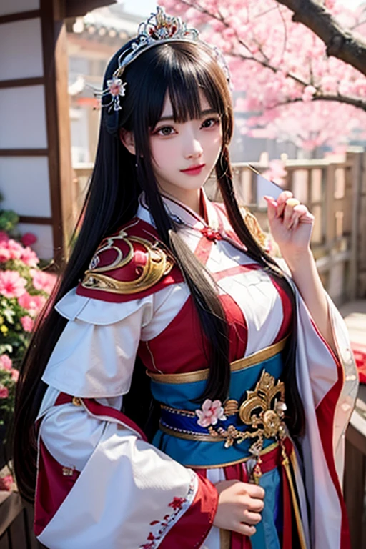 anime girl in red and white dress with pink flowers in her hair, a beautiful fantasy empress, palace , a girl in hanfu, beautiful character painting, 2. 5 d cgi anime fantasy artwork, by Yang J, ((a beautiful fantasy empress)), inspired by Fenghua Zhong, by Fan Qi, ruan jia and artgerm, inspired by Lan Ying