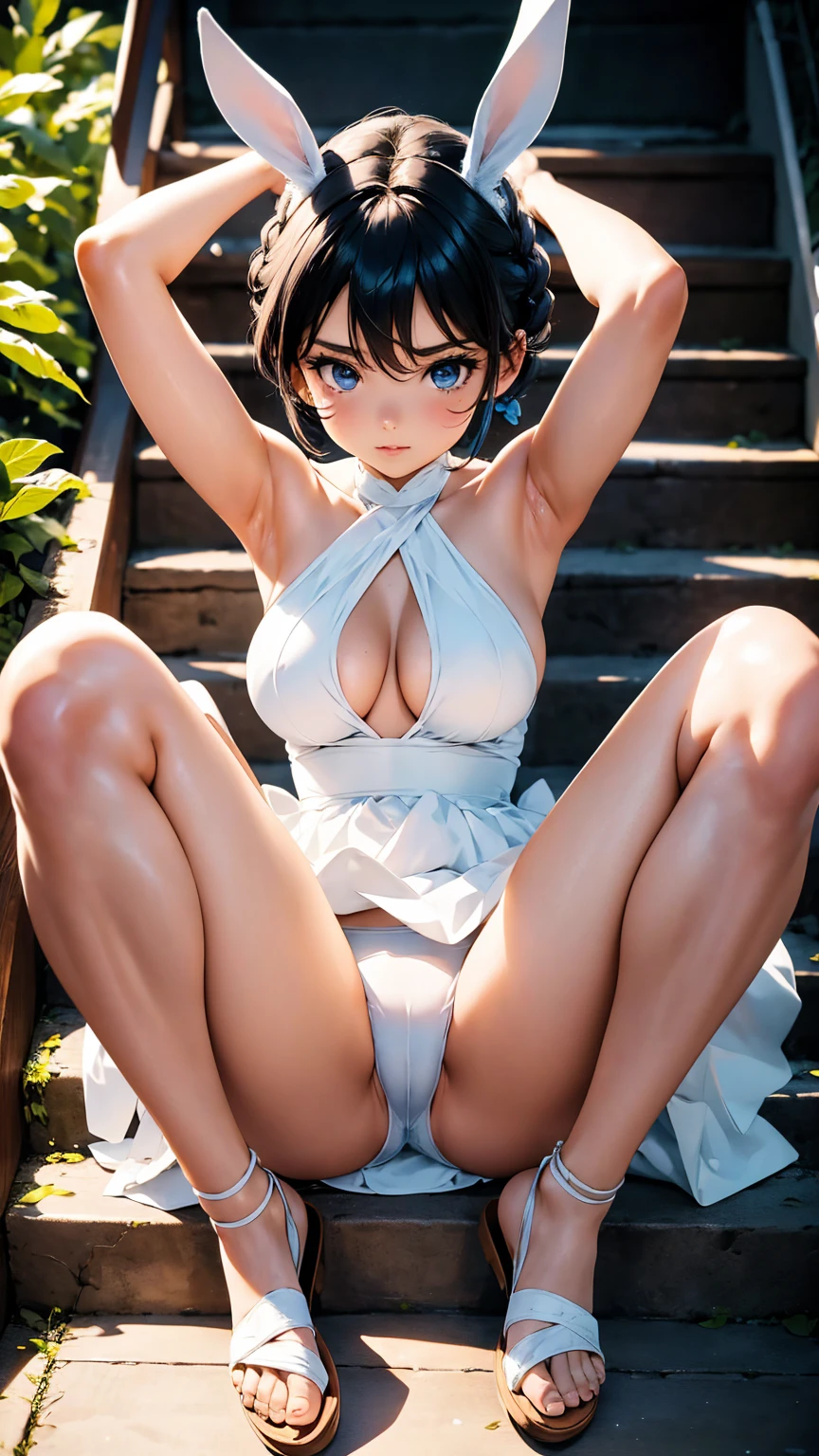 raw photo,Mi。realistic,real person,Niskirt、spread legs、show white panties,beautiful thighs、beautiful camel toe、Redhead anime girl in a long white wedding dress and bunny ears, skirt, 26 years, nice body, Big breasts, Hands behind head, Run your hands through your hair, sexy woman, red Short hair in braids, side hair highlights, strands of hair on the side of the face, beautiful lighting, soft shadow, blue eyes, beautiful feet, Short hair in braids, anime style, Ranma-chan, Autora Rumiko Takahashi, Baseado em obra de Rumiko Takahashi, anime ranma 1/ 2, Sexy deco, strong waist, whole body, whole body, big bust, young woman with beautiful beautiful body, sandals on his feet, garota 16 years jovem baixa estatura, She is wearing a long white dress, blue underwear and bunny ears。blue panties, anime girl, anime style, beautiful feet in sandals, Viewing angle 45°, outdoor, blue hair braid((sitting on stairs, spreading legs wide open, legs up, hands behind head, ))
