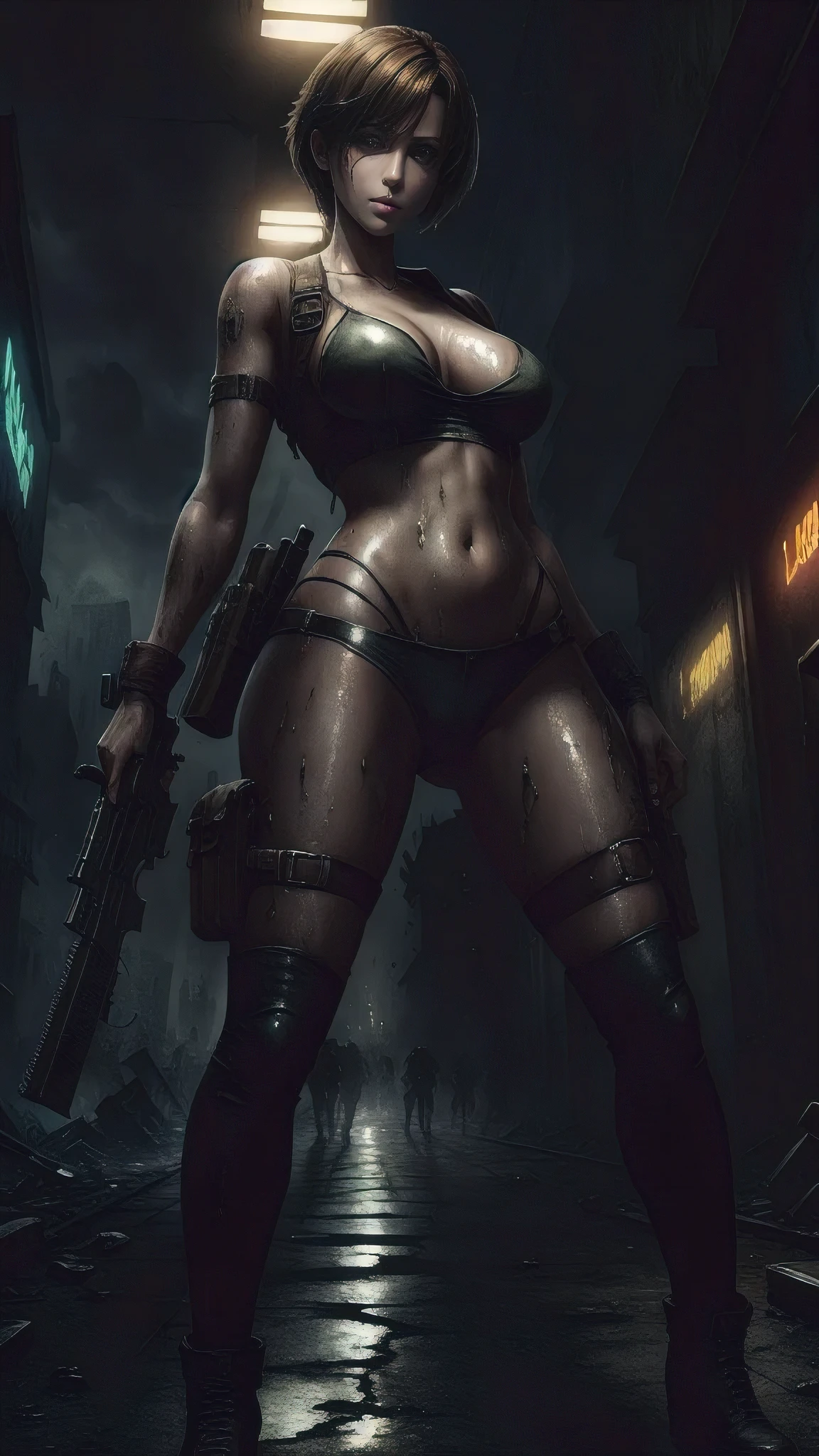 best quality, masterpiece ,a beautiful girl,leon s Kennedy Haircut, beautiful, ultra realistic,all details, high resolution, smile, attractive, beautiful, wearing transparent clothes,big breasts, big hips,big butt, clearly visible full body parts, standing and spreading legs, sexy poses,full body shot,wet, oily body, nice body shape, background middle of apocalypse city,resident evil theme , zombie apocalypse,