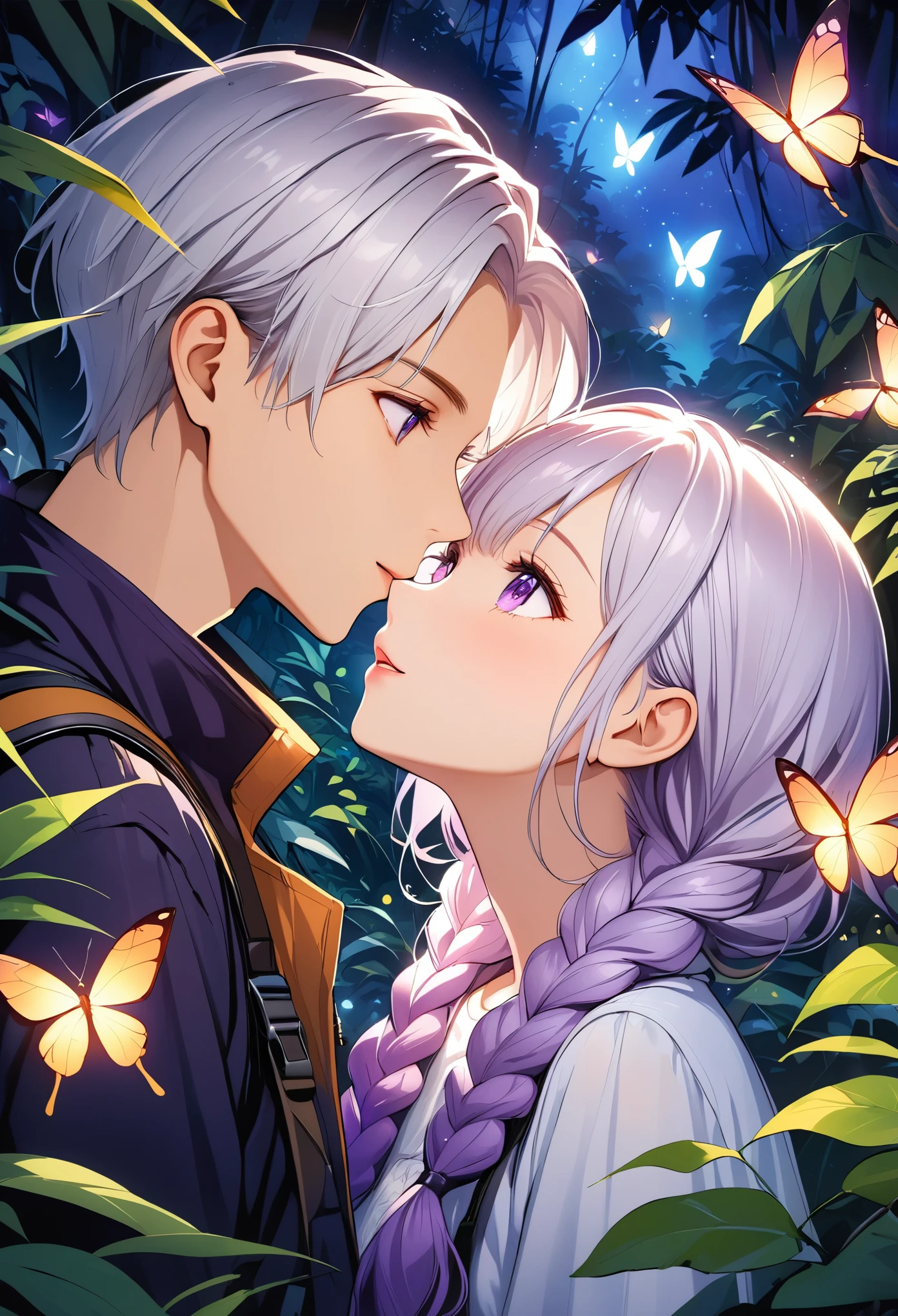 Vector illustration，A young couple，Look at each other affectionately，kiss，portrait，Explorer， Detection，Purple Eyes，girl，Purple Eyes，White hair-purple-long braids。 jungle，vegetation，lush，Photograph，night，firefly，Glowing Butterfly