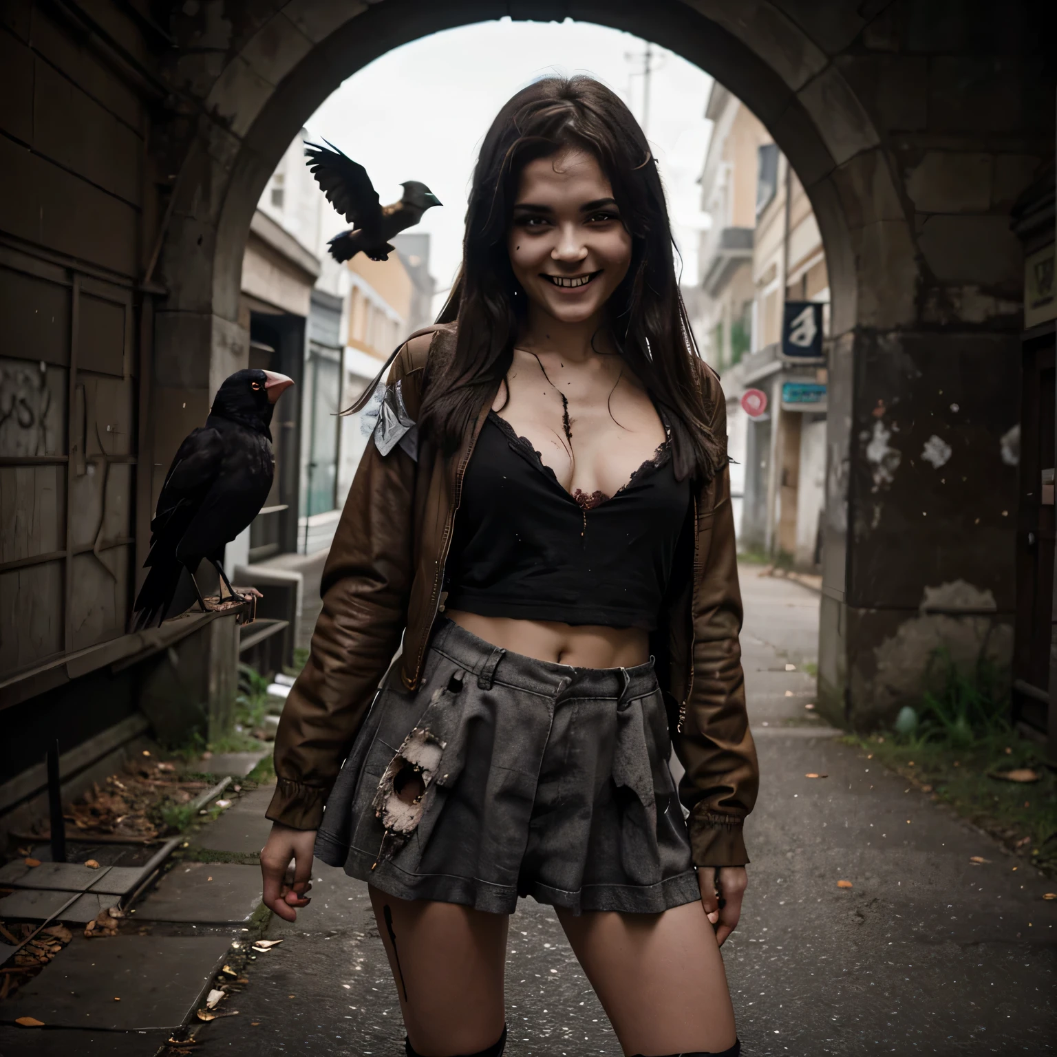 cute zombie girl with a smile and holding a crow