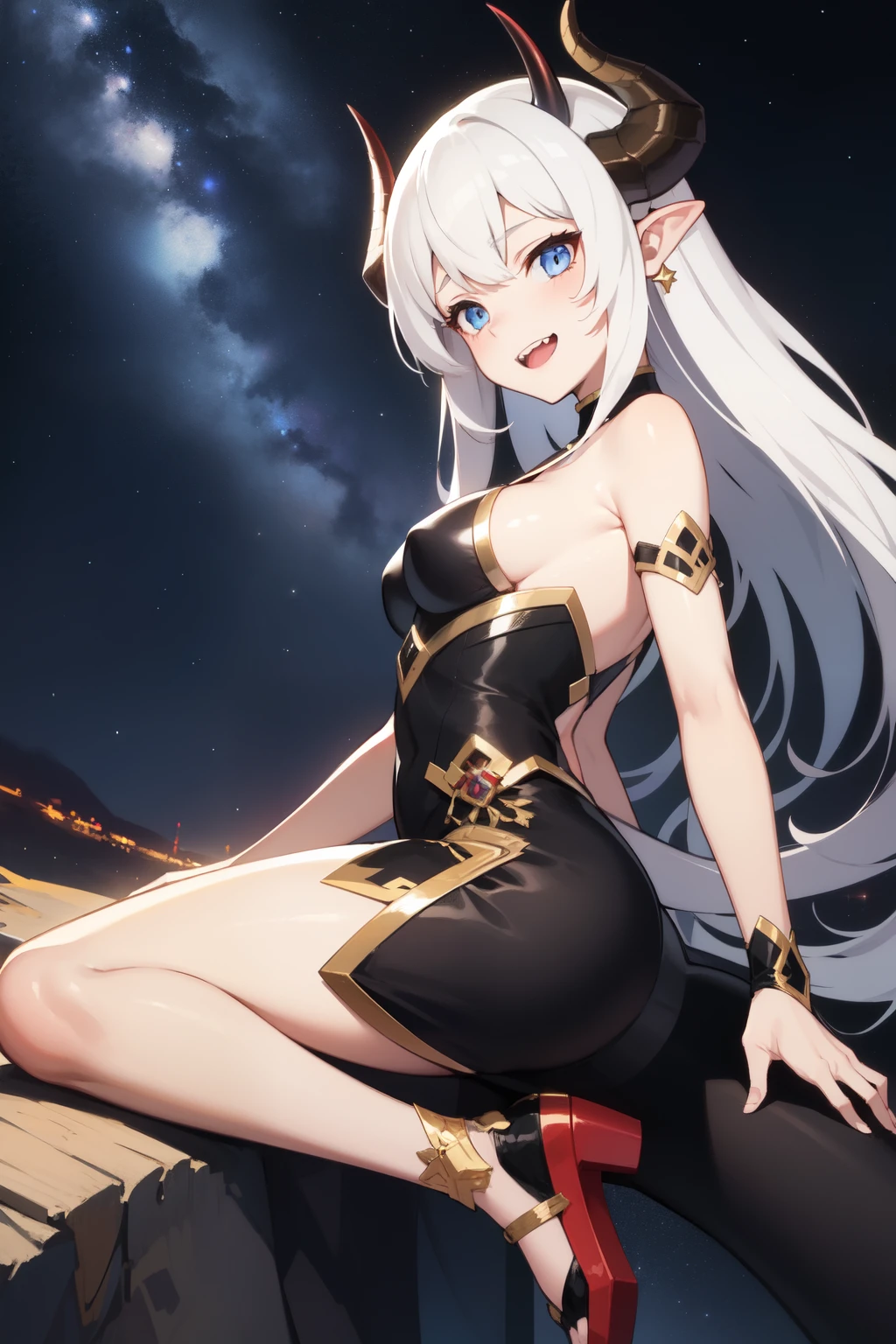 Dragon tail、No single side angle、Dragon girl、Girl with horns、tail，white hair、Girl with two teeth、Dragon girl、4 horns、There are no bright spots in the eyes，ssmile，black leg rings，Hong Barren starry sky background