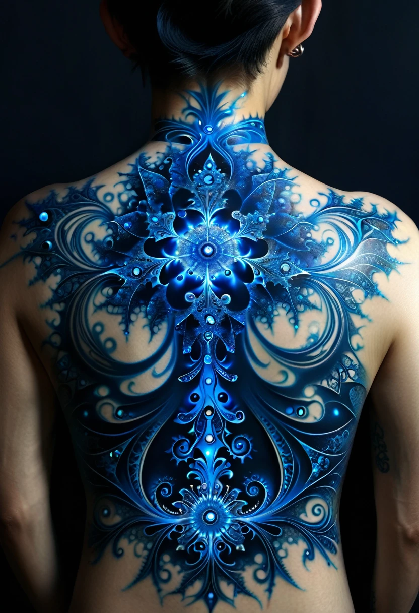 tatouage dans le dos, Very finely executed mathematical fractal tribal tattoo, fine and very precise tattoo, electric blue glow in the dark tattoo, (flocon de Koch, ensemble de Mandelbrot, ensemble de Julia), ((fond uni, hyperRéaliste, masterpiece, romantique, fractal uniquement dans le dos, lightly outlined spine))