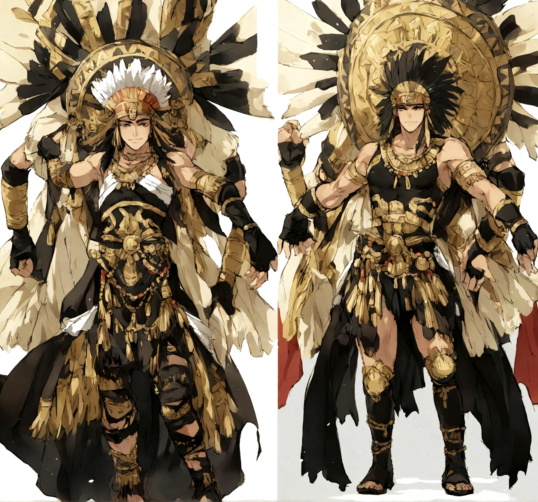 Aztec warrior manga character with rocker appearance typical costumes in black leather and gold and silver accessories high resolution pre-Hispanic appearance, happy and happy arms and legs separated from the body