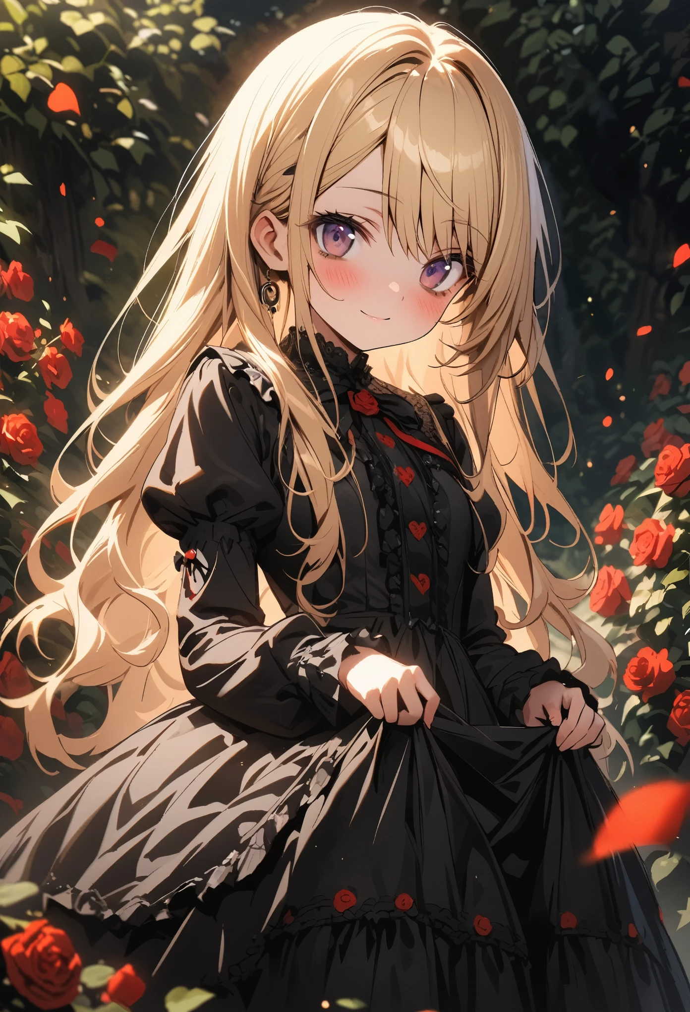 ((Masterpiece)), ((best quality)), (Anime:1.4), (super detail:1.2), (High Definition:1.3), (Professional Photography:1.3), (wide shot), (sharp focus), (perfect light), ((12 years old)), ((1girl)), Textured skin, cinematic lighting, 1girl, ((Beautiful Gothic Lolita pure-white-Dresses)), (very hoop-dress), Luxury roses embroidery, cute innocent young girl, ((loose swept bangs)), Slender and small breasts, (long silky blond hair), (gothic lolita makeup), ((bags under the eyes)), lower eyelashes, beautiful hair, smile, (blush), Light particles, ((Lift the skirt with hand)), in beautiful Fantastic garden, (red roses garden)