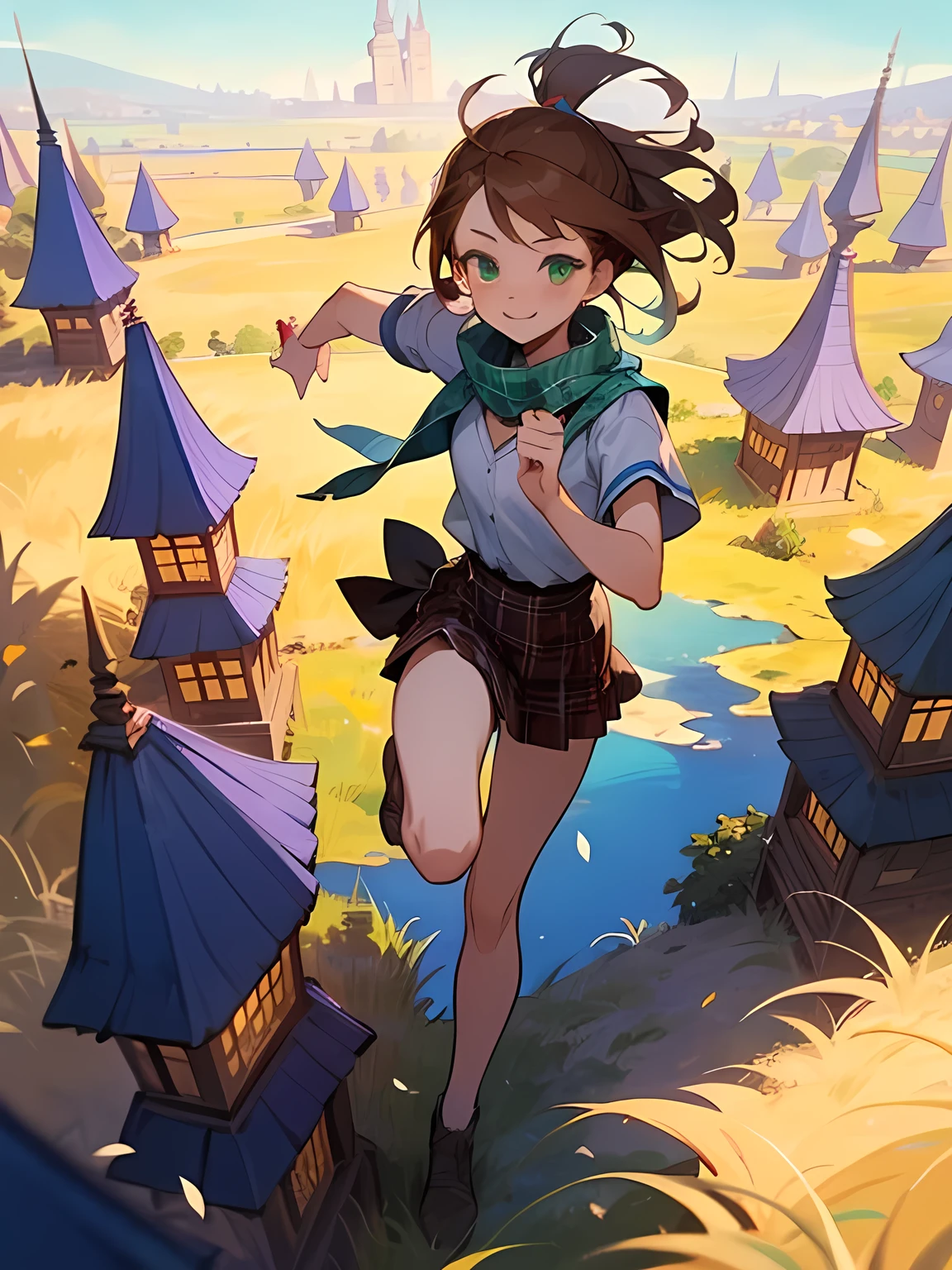 from sideabove:1.3,(Main target: human),close up face, reddish-brown hair, scarf, skinny long white shirt, pastel red and pastel green and white, enchanting chest, smile, girls collection, elegant and mature feminine clothing, world view of Alice in Wonderland, midnight sky, purple grassland, colorful sculptures, fantasy world, pastel colored houses, magical world, running pose,pastel colored plaid background