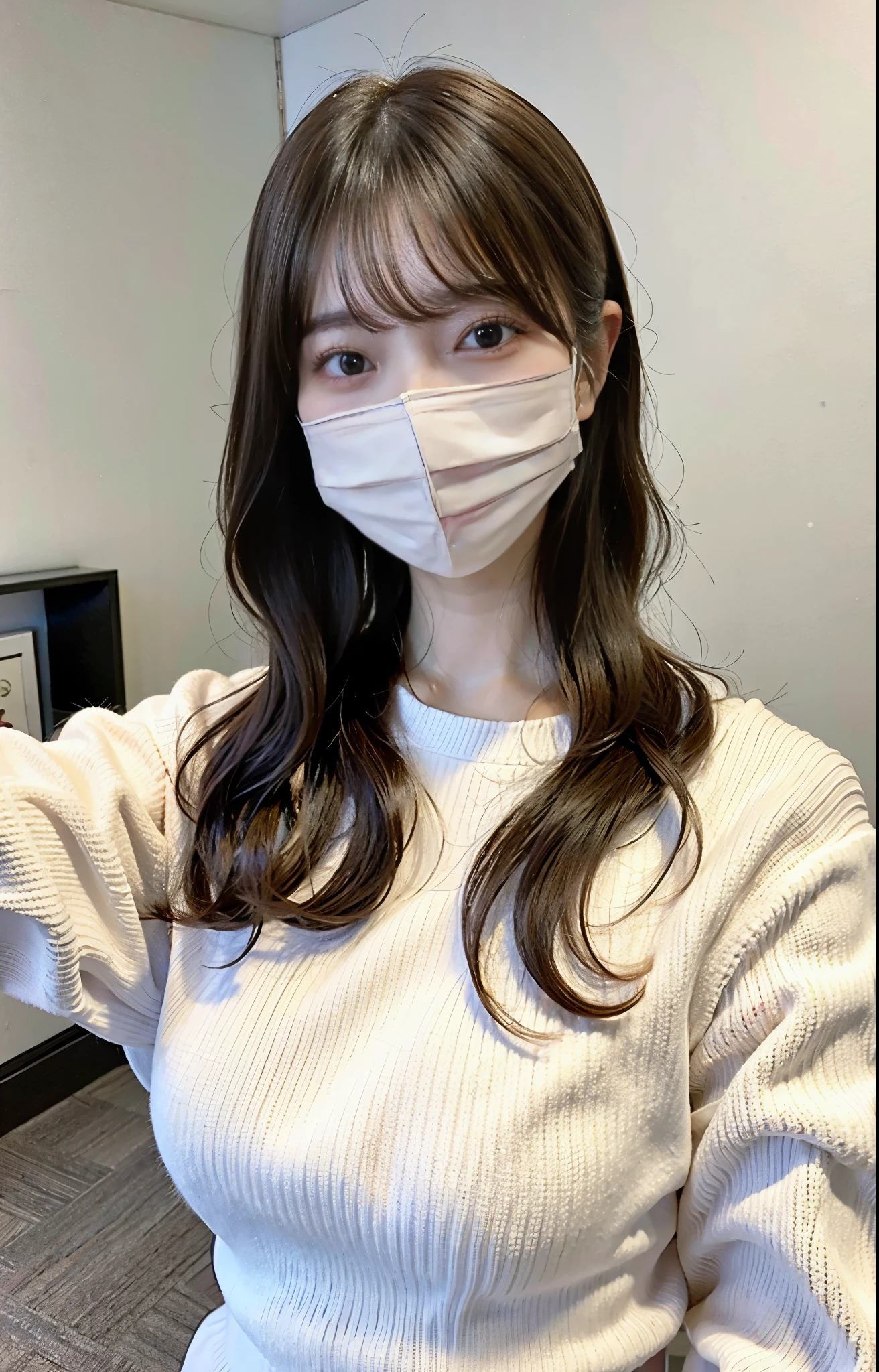 Japan Beauty、Live Action、Various poses、Photographed against a white wall、huge 、Pink Mask、Selfie style、White knitwear