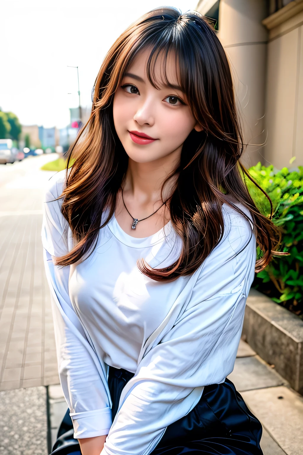 ((Full Body Angle))、((Front hair:1.3))、((highest quality, 8K, masterpiece: 1.3)), concentrated: 1.2, Cute girl 1,Nipples erect、 Perfect beauty: 1.4,Cut and sewn T-shirt Raglan sleeve summer short sleeve T-shirt.Shorts: 1.2,Long sleeve、Randall Color、comics＆Text Graphics、Black ruffle-trimmed drawstring zip blouse,1.1, Highly detailed face and skin textures, Fine grain, double eyelid, whitening skin, ,highest quality,Ultra-high resolution,you,1 girl,alone,_Shiny_skin,Iris,necklace,((Brown_length_Wavy_hair)),(lips)),eyelash,Front hair,deal with,compensate,Shiny,pore,skin texture,Large Breasts、smiling face、stroll、