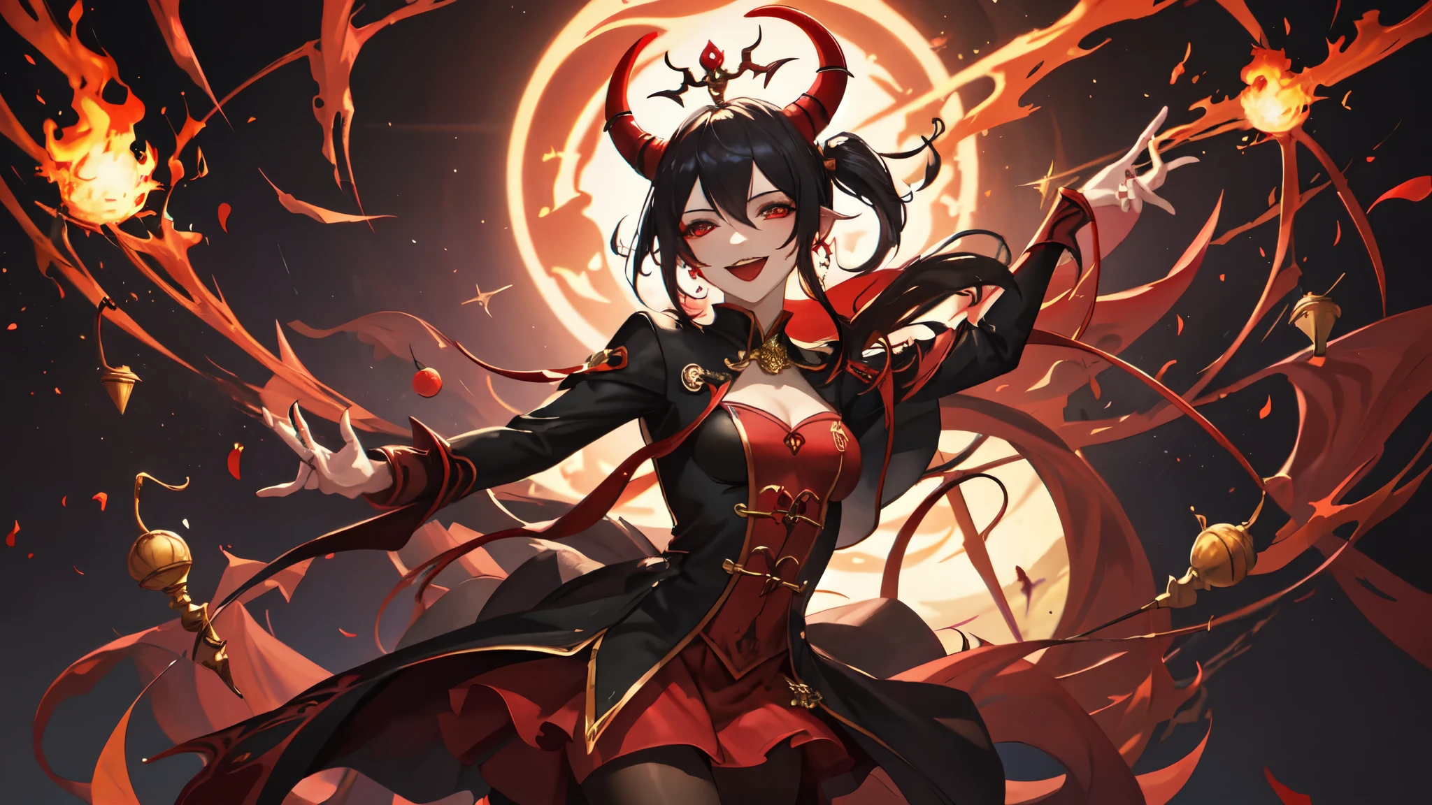Jester, Red, Black, Rakdos, High Quality, Laughing, Female, Demon, Fire, Magic the Gathering, Androgynous, Adult, Psychopath, Circus, Dancing, Solo, Theatre, Horns, Performer, Look Away