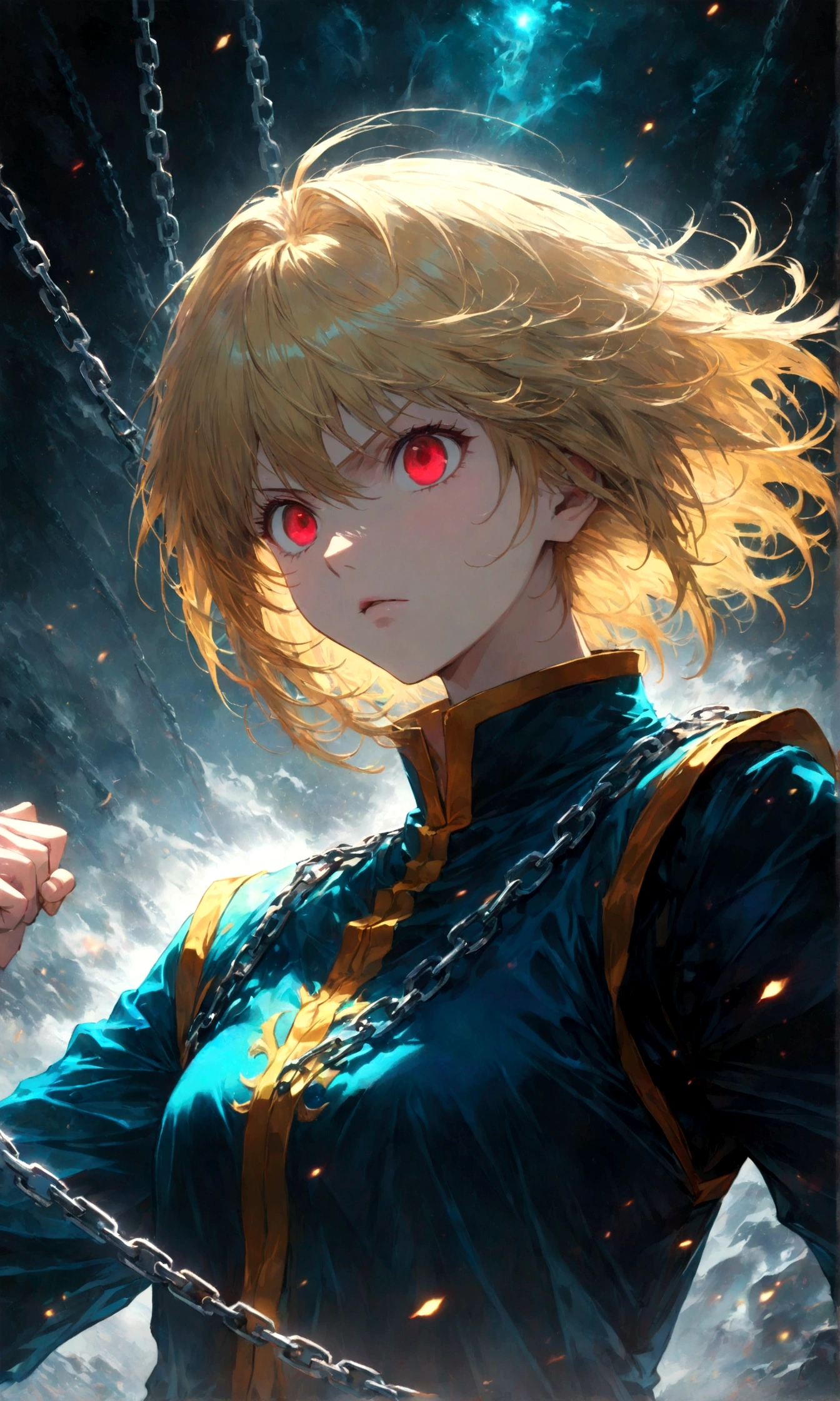 1 male,Kurapika,Hunter x Hunter,,Kurapikaの衣装,Blonde,Scarlet Eyes,Intricate details,Use black and white as your main colors,,artwork,rendering,,(masterpiece:1.3),(highest quality:1.4),(ultra detailed:1.5),High resolution,extremely detailed,unity 8k wallpaper,Dark fantasy,Brush strokes,Glare,Battle Style,Expressing quiet anger,Use the chain as a weapon,Impressive drawing with thick lines