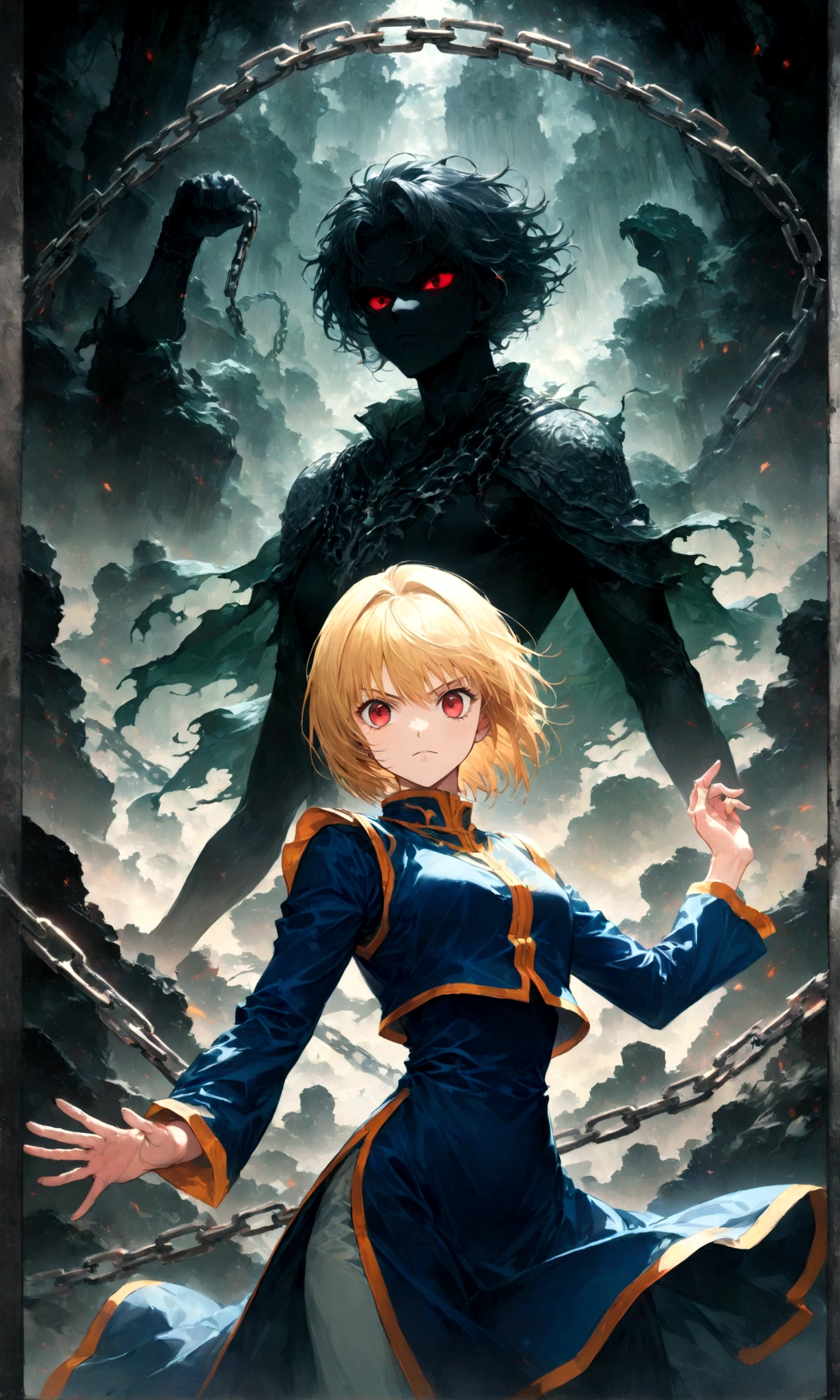 1 male,Kurapika,Hunter x Hunter,,Kurapikaの衣装,Blonde,Scarlet Eyes,Intricate details,Use black and white as your main colors,,artwork,rendering,,(masterpiece:1.3),(highest quality:1.4),(ultra detailed:1.5),High resolution,extremely detailed,unity 8k wallpaper,Dark fantasy,Brush strokes,Glare,Battle Style,Expressing quiet anger,Use the chain as a weapon,Impressive drawing with thick lines