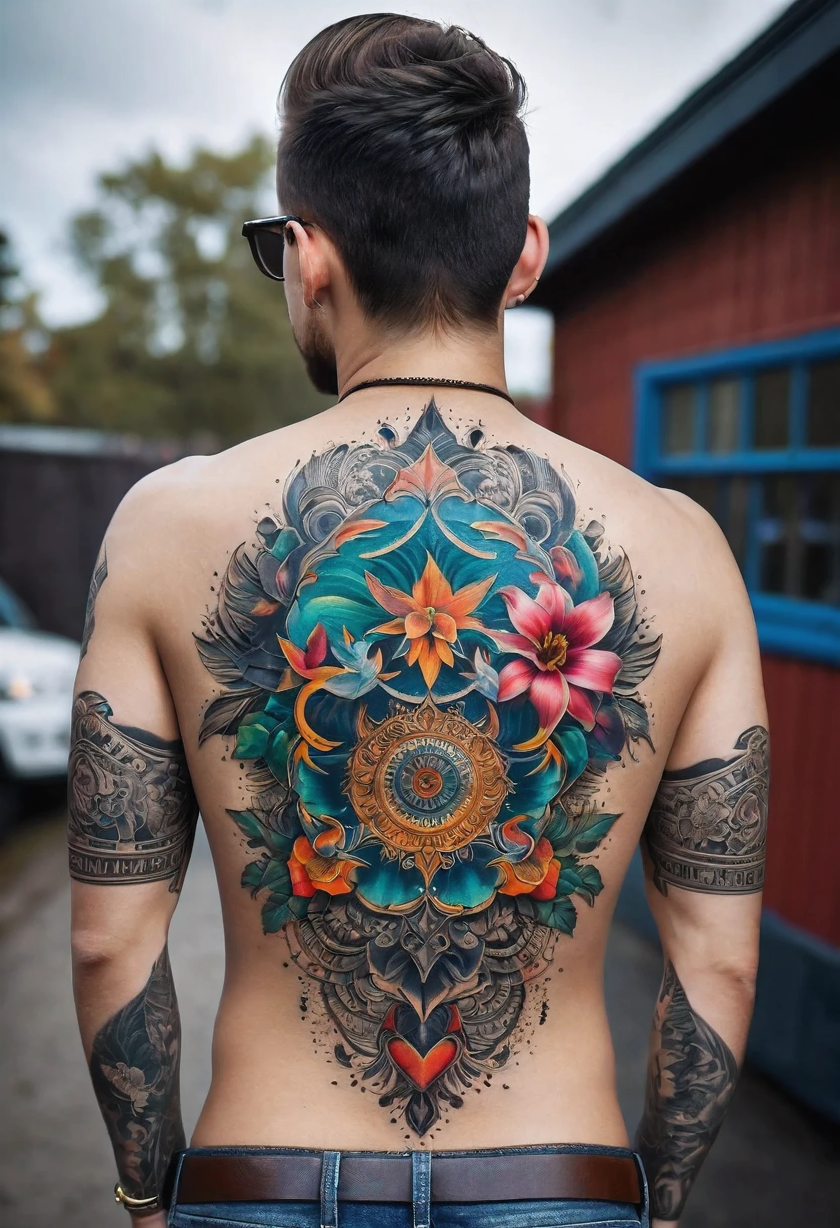 masterpiece, best quality, ultra-detailed, highres, detailed, Back Tattoo, colorful tattoo, 