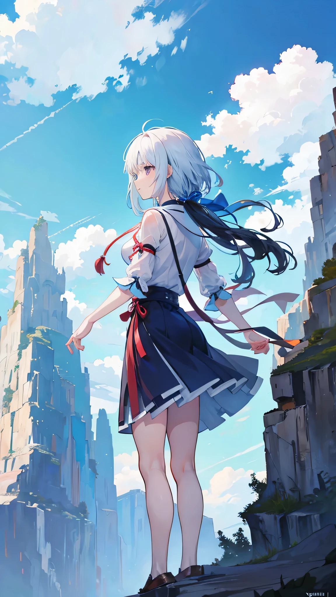 Anime-style scene with Yumi standing before a tall, imposing cliff. Yumi looks worried and hesitant. The background shows the detailed texture of the cliff and a clear sky. The scene captures Yumi's fear and the challenge ahead."