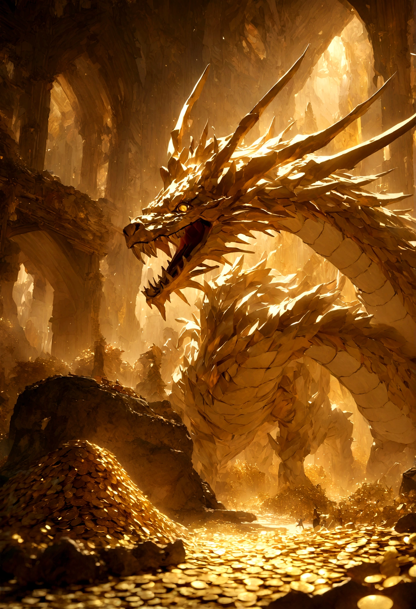 Golden Sun、A dazzling light that paints everything in gold、"Very beautiful 3D rendered white Chinese dragon,Representation of Dynamics, Sharp effects and details,Best image quality,High resolution,Variety of colors, Coin pile, treasure"Super Detail,highest quality,masterpiece,(8k),Very detailed,A wonderful work of art,The picture is clear,Golden light on background