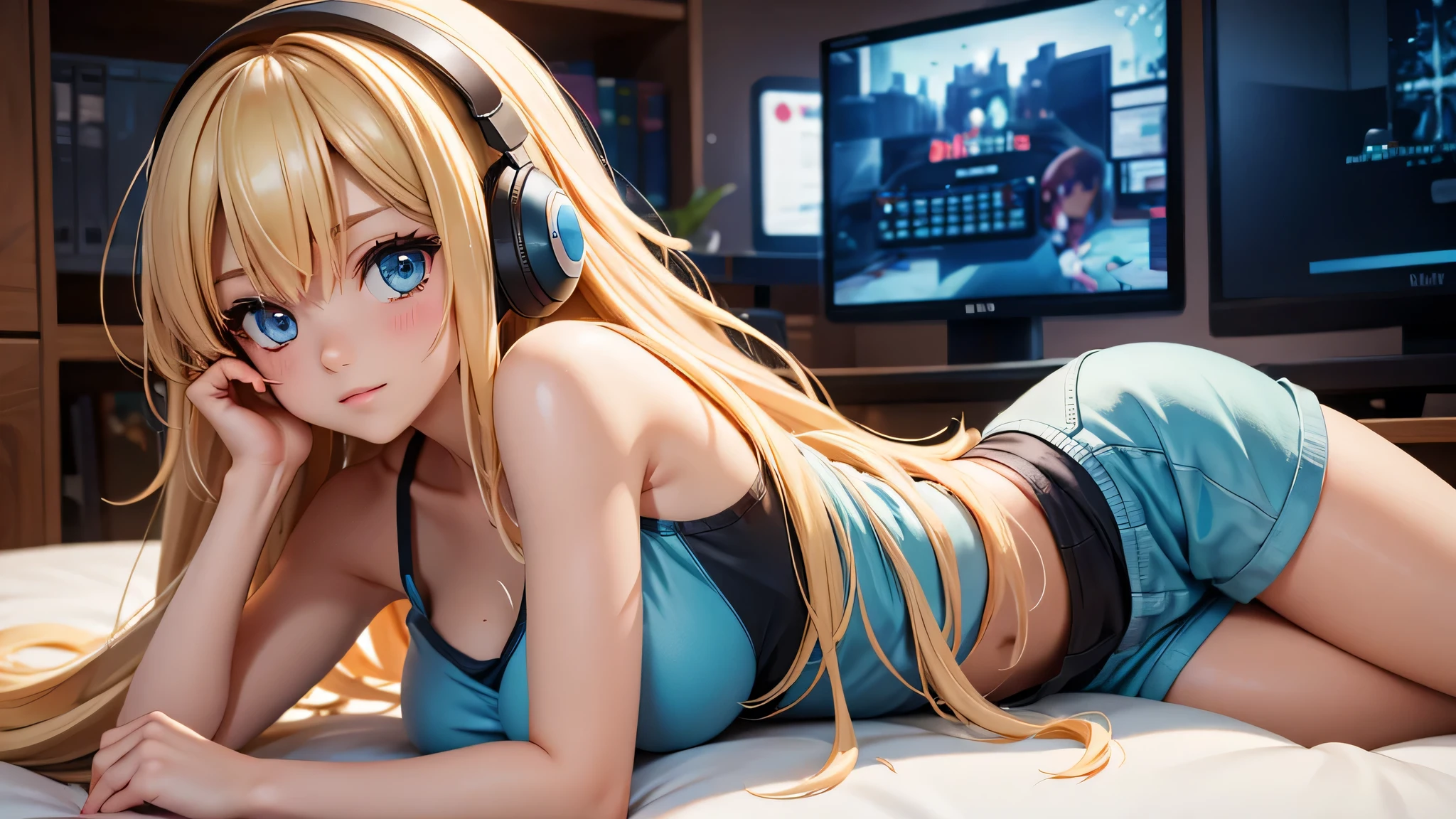 Create an image of a beautiful, sexy anime lofi girl with long blonde hair sitting at her gaming PC in a cozy lounge setting. She is wearing sleep shorts and a short, cute top that shows her shoulder and midriff. The scene should be warm and inviting, with soft ambient lighting and comfortable seating. The gaming setup includes a high-end PC with multiple monitors, RGB lighting, and various gaming accessories. The overall atmosphere is relaxed and serene