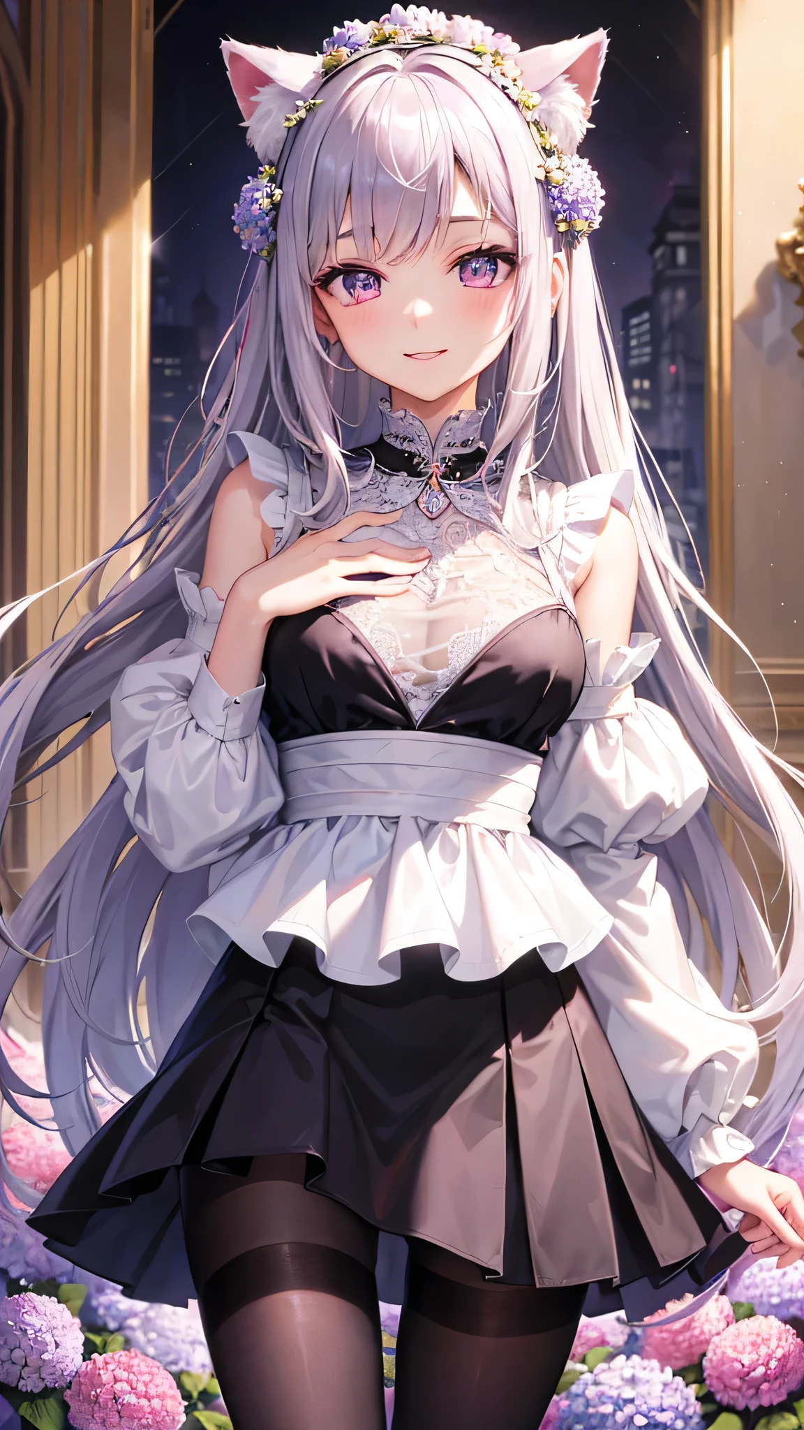 masterpiece,highest quality,Highly detailed face,fine grain,Waterfront,bubble,Sparkling eyes,Highlighted eyes,Center of chest,pretty girl,smile,Cat ear,Beautiful silver hair,Pink inside,Beautiful pink eyes,Oversized shirt、skirt、black tights, Hydrangea