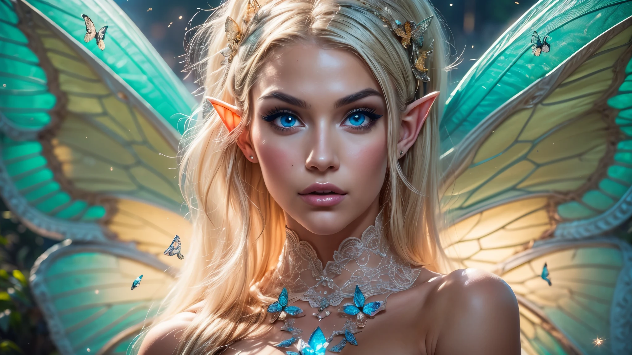 (Beautiful woman, Amazing face and eyes, makeup, detailed facial features, Glowing blue eyes, Blonde), (sexiest look), (large breasts:1.3), (realistic elf ear), (four fingers on each hand, detailed finger, proportional hands), (silk see through lace:1.3), (massive butterfly wings in the center of her back), (detailed proportional body, thin body, toned muscles, sitting, detailed proportional legs, Spread legs, shaved legs), (oak forest, calm lake, stary sky, moon light, fantasy setting, orbs), (Best Quality:1.4), (Ultra-detailed), (extremely detailed CG unified 8k wallpaper), Highly detailed, RAW Photos, Professional Photography, (:1.4), plein air, Illumination, (Super fancy photos:1.4), (Dazzling light), Radiant Photography, depth of fields, 