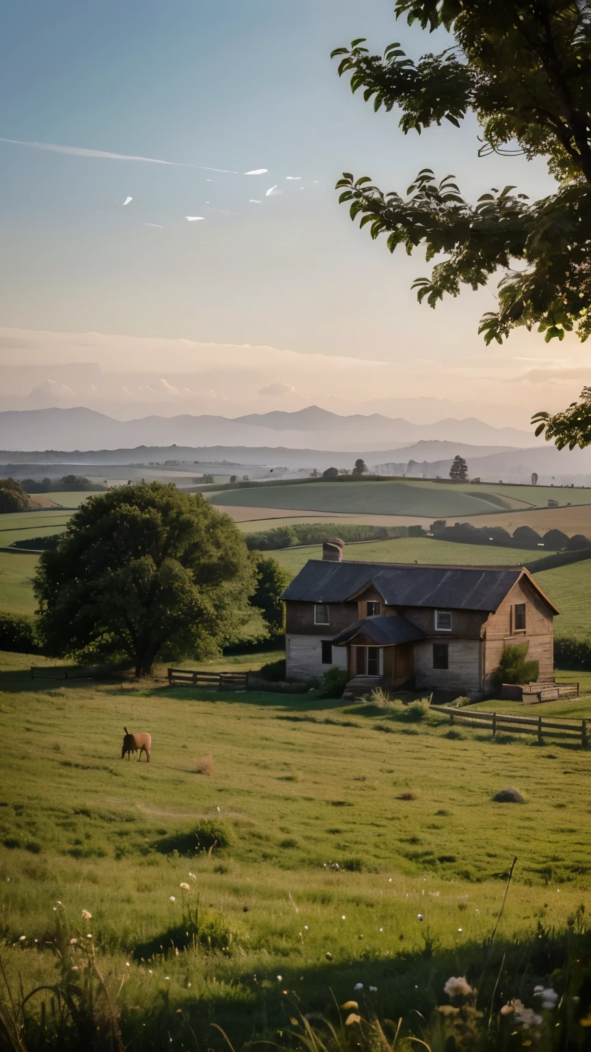 The image evokes a sense of serenity and tranquility, a welcome escape from the stresses and strains of modern life. The soft, muted tones of the color palette contribute to the overall feeling of calm and relaxation. The presence of the farmhouse adds a touch of humanity to the scene, while the vastness of the surrounding landscape instills a sense of awe and wonder.

Overall, the photo captures the essence of rural life, a world away from the chaos and complexity of modern society. It is a place where time seems to slow down, where one can connect with nature and find peace of mind.