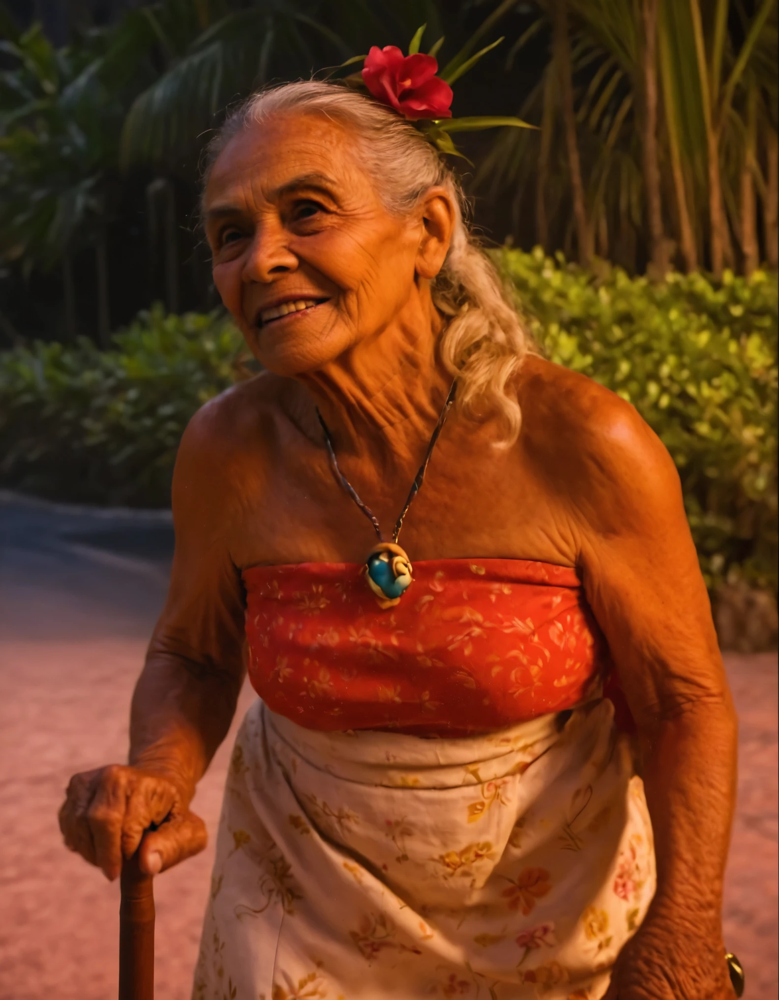there is an old woman with a cane and a dress on, 80 years old woman, moana, in disney, movie, (highly detailed face:1.4) (smile:0.7) (background inside dark, moody, private study:1.3) POV, by lee jeffries, nikon d850, film stock photograph ,4 kodak portra 400 ,camera f1.6 lens ,rich colors ,hyper realistic ,lifelike texture, dramatic lighting , cinestill 800