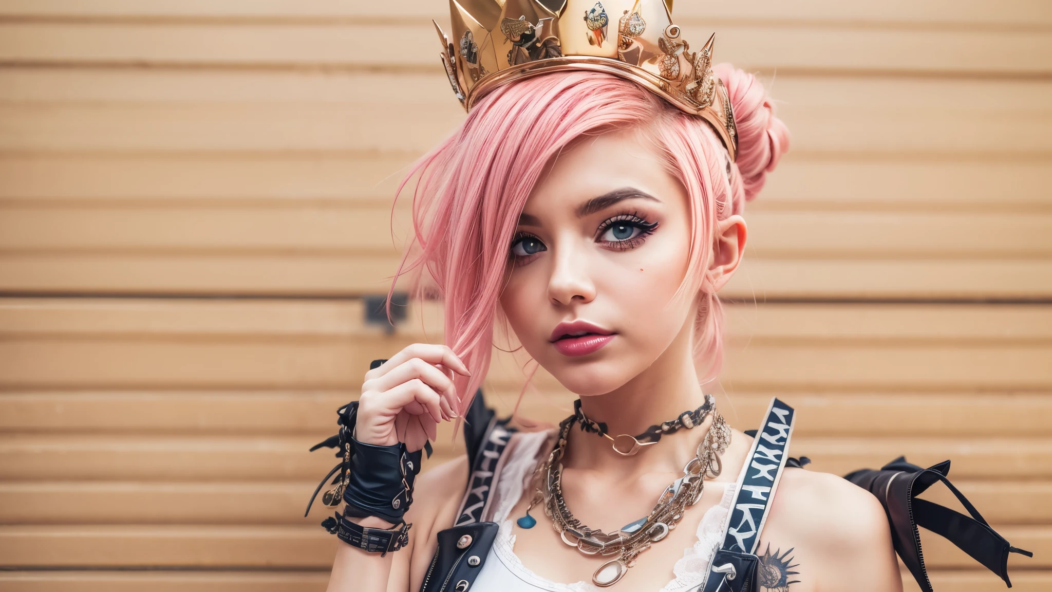 araffe girl with pink hair and a crown on her head, dressed in punk clothing, dressed in crustpunk clothing, anime girl cosplay, cybergoth, wearing a punk outfit, kerli koiv as anime girl, 1 7 - year - old anime goth girl, belle delphine, anime cosplay, with pink hair, anime girl in real life, punk girl