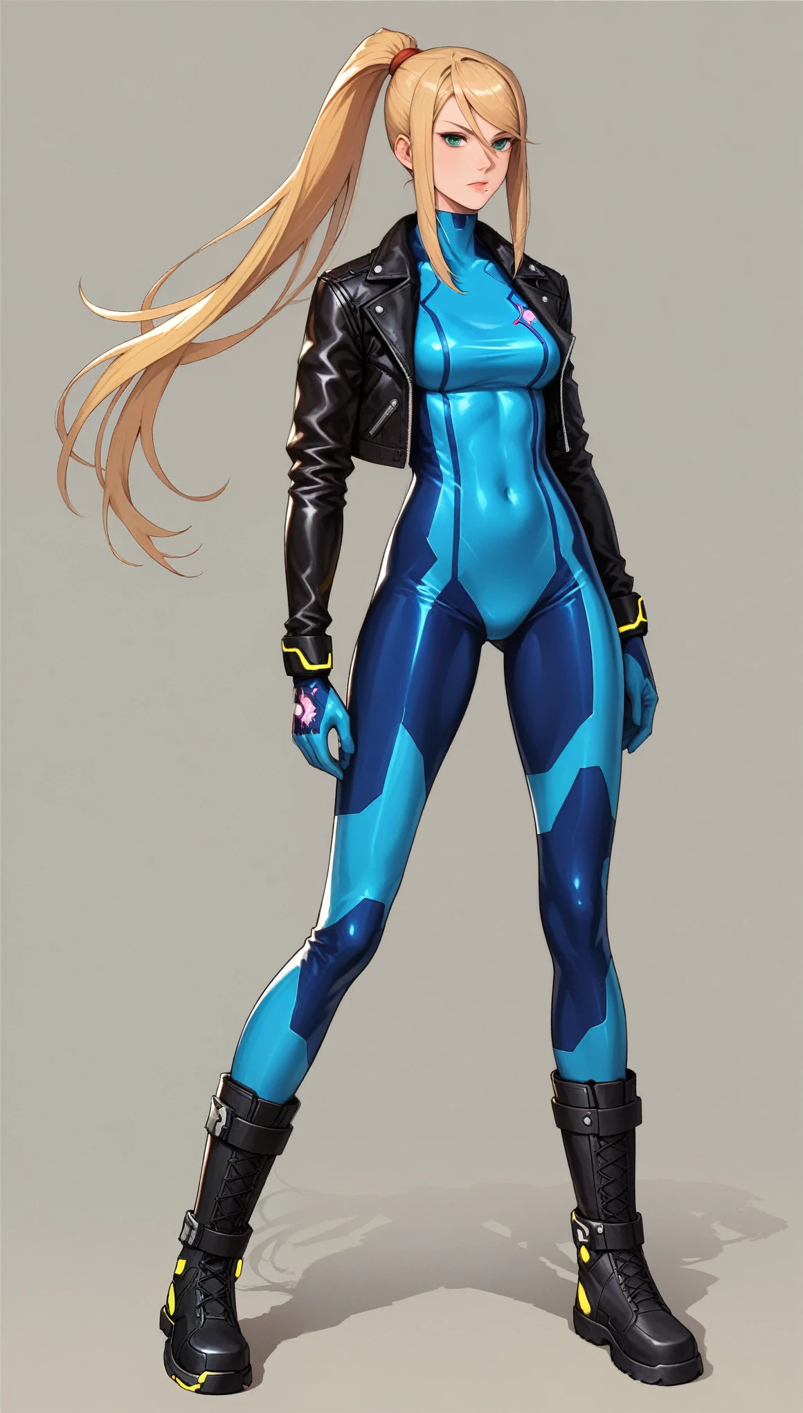 (best quality),female,Samus aran,blond hair,green eyes,zero suit,light blue body suit,Science fiction,ultra-detailed,sharp focus,aesthetic
score_9, score_8_up, score_7_up,source_anime,rating_safe,anime style, short leather jacket, simple background, plain backdrop , full body, (black knee-high leather boots:1.6), black boots, plain boots,( leather boots:1.4), gloves,(latex boots)