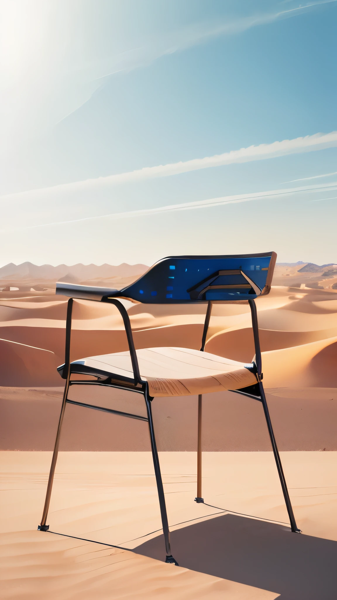 Chair placed in a Desert Scene,Revealing the blue sky,there is a black Chair with a wooden seat and a black seat, Chair, black Chair, Hot Julia, Chairs, single Chair, Inspired by Tsuji Kako, Exquisite and simple structure, Perfect details, Detail shots, author:Henning Jacob Henrik Lund, Freya, Velvia, Ethylene-ethylene copolymer, product design shot, wood Chair, armChair, Desert Scene