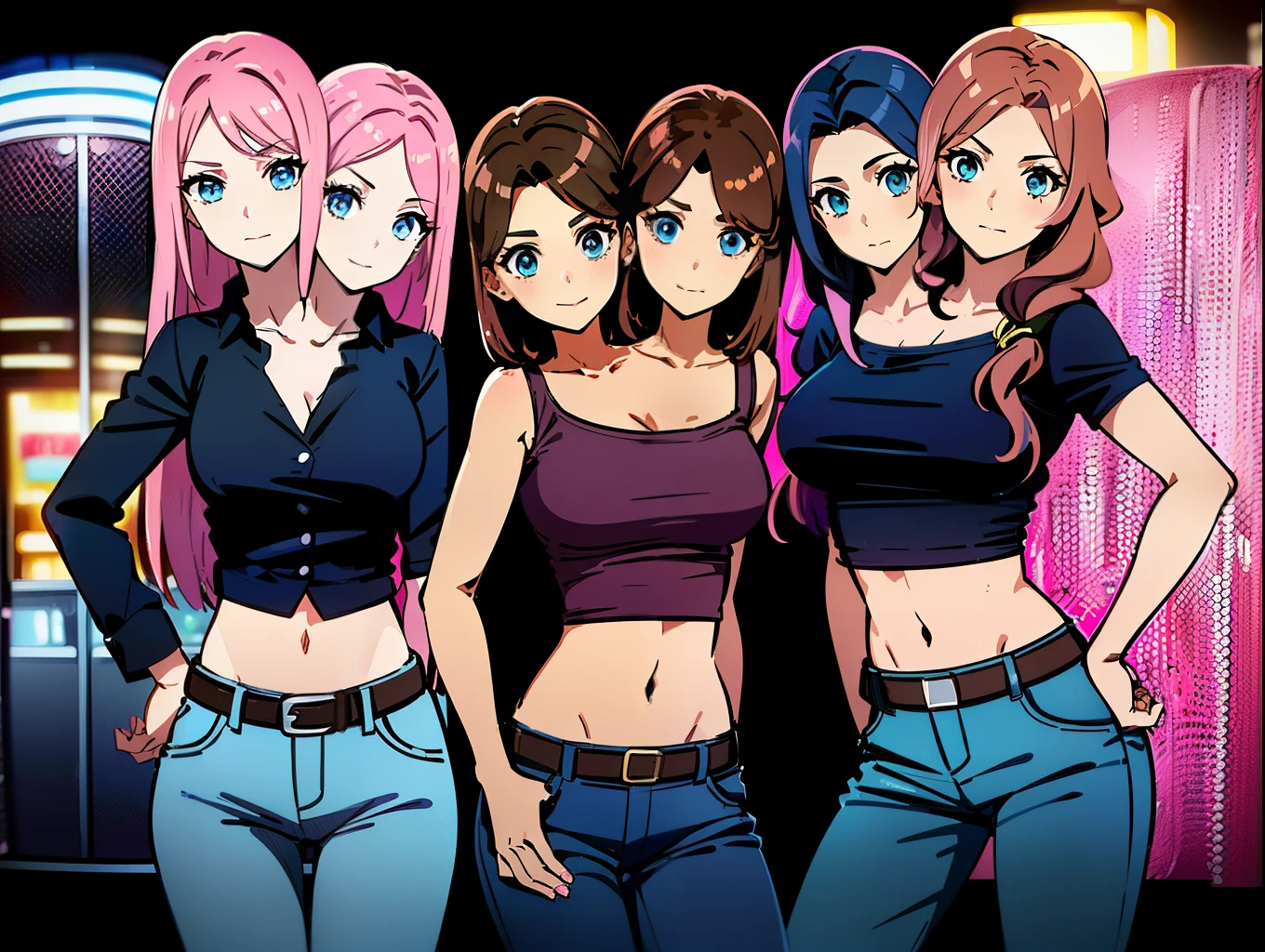 (masterpiece),best quality:1.5, ultra-detailed, high resolution, high quality, 16K, ((2heads:1.5)), ((brown hair)), ((pink hair)), blue eyes, (two headed girl), (different hair colors), long hair, (black shirt), blue jean pants, (1girl), conjoined twins, (midriff-revealing shirt), sexy silhouette, movie theater background