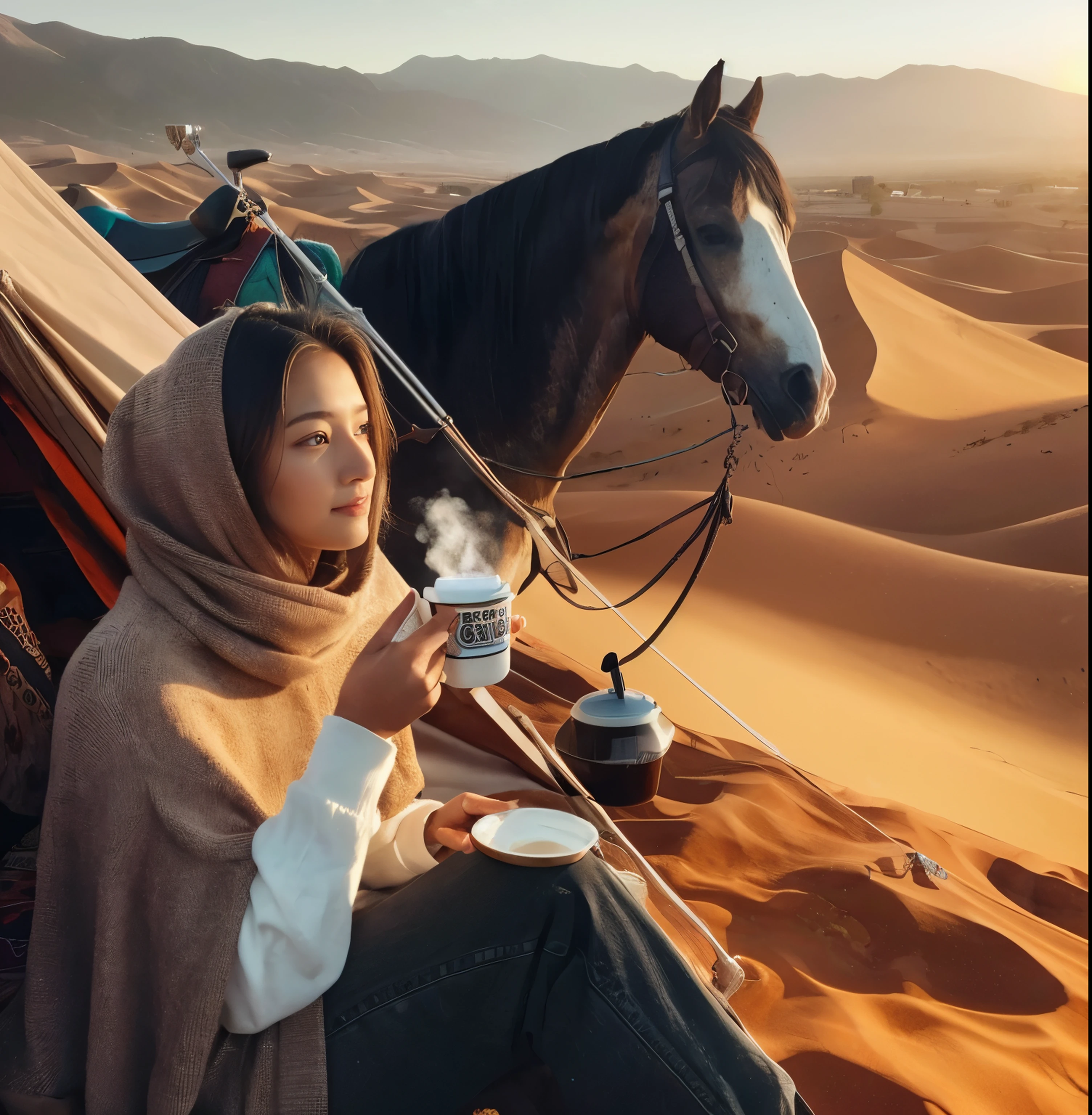 Advertising photo, a Midwest girl exploder, with a horse behind her, at desert, holding a porcelain cup of coffee, overlooking sunrise, glazing at far, enjoy the scene, 8k photorealistic, in sunrise morning, chilling air 8k photorealistic, in sunrise morning at far